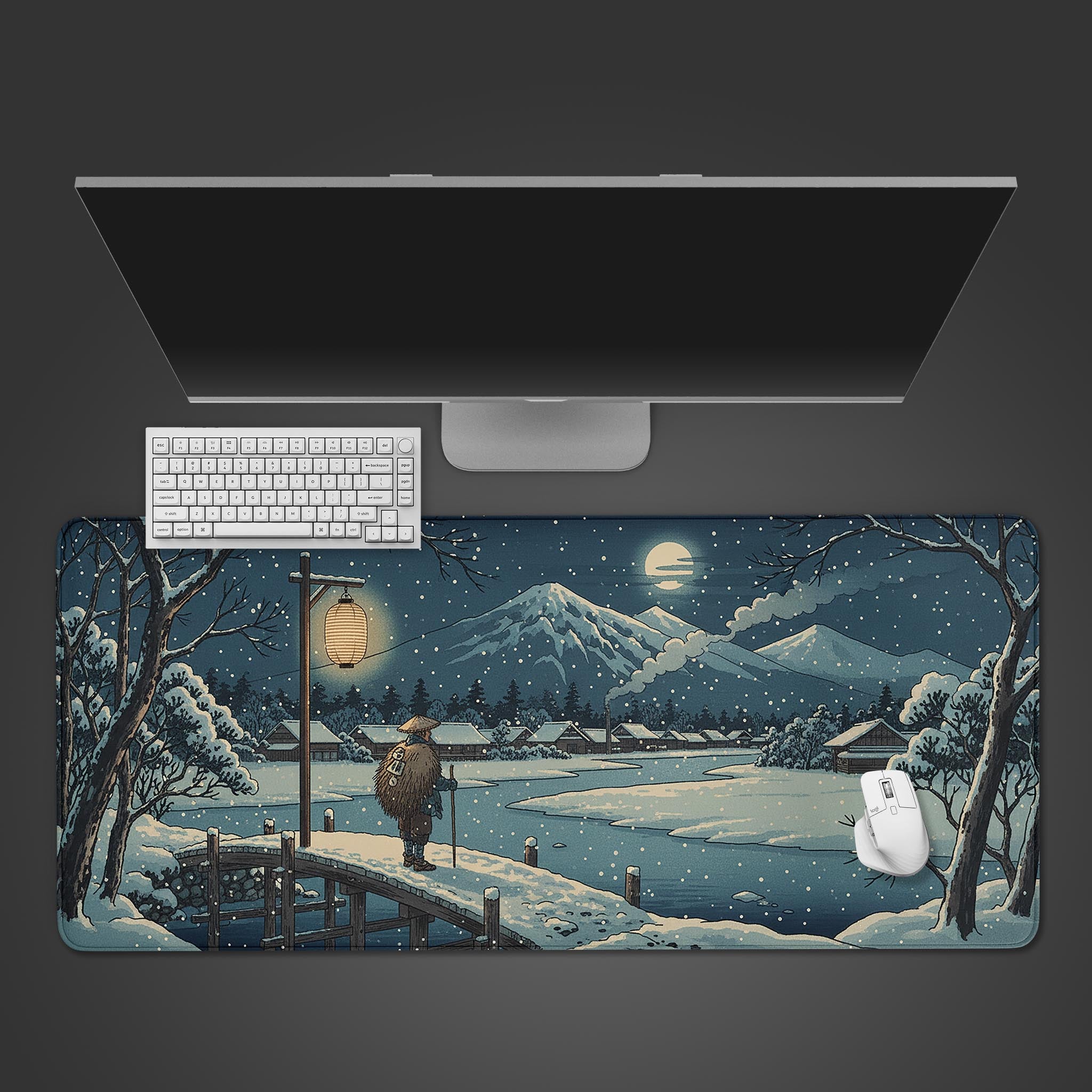 Winter Journey Ukiyo-e desk mat with Japanese art design – top-down view on a desk with a keyboard and mouse. - Epic Design Pads
