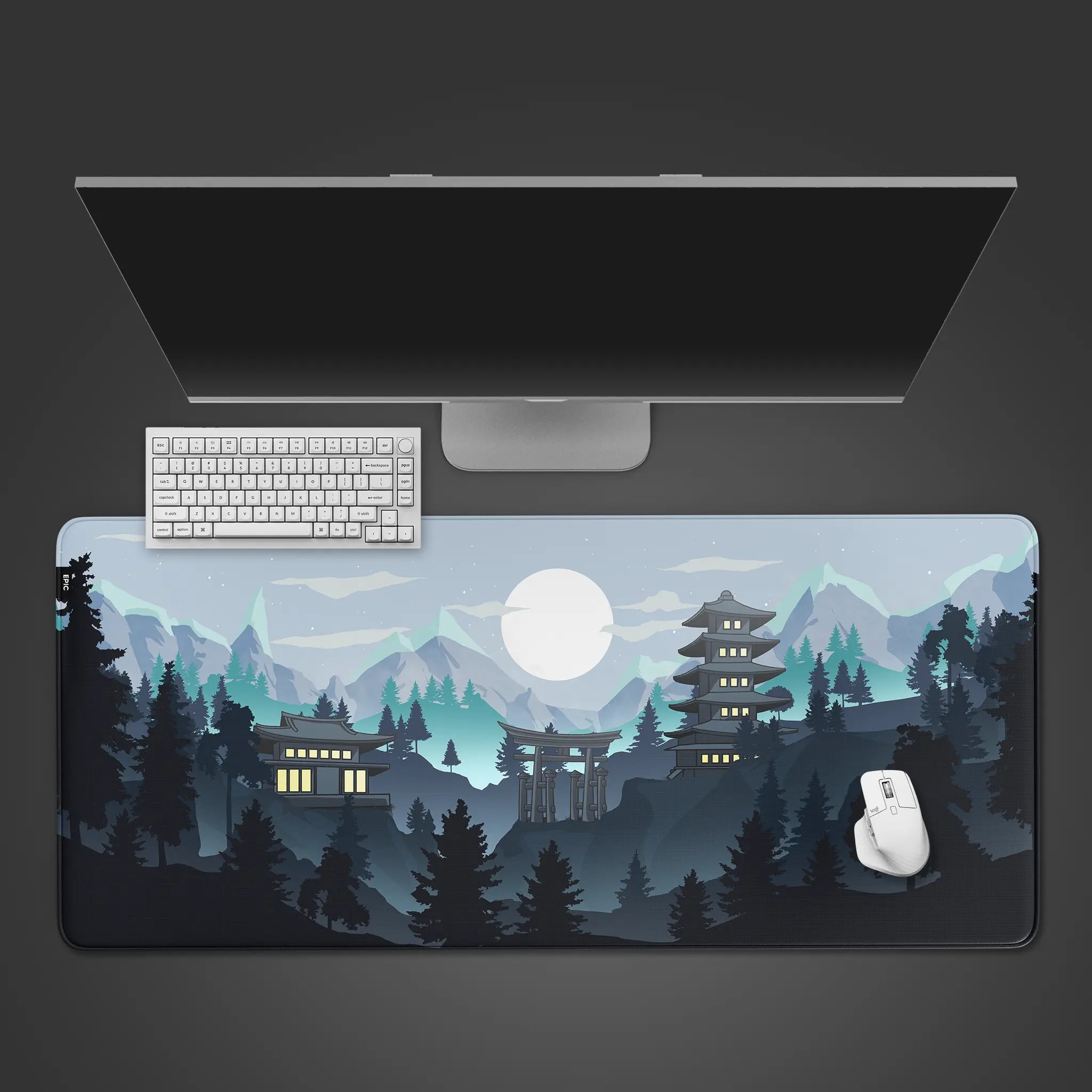 Winter pagoda large gaming desk mat, winter design large desk pad, winter pagoda large mouse pad, pagoda design large desk mat