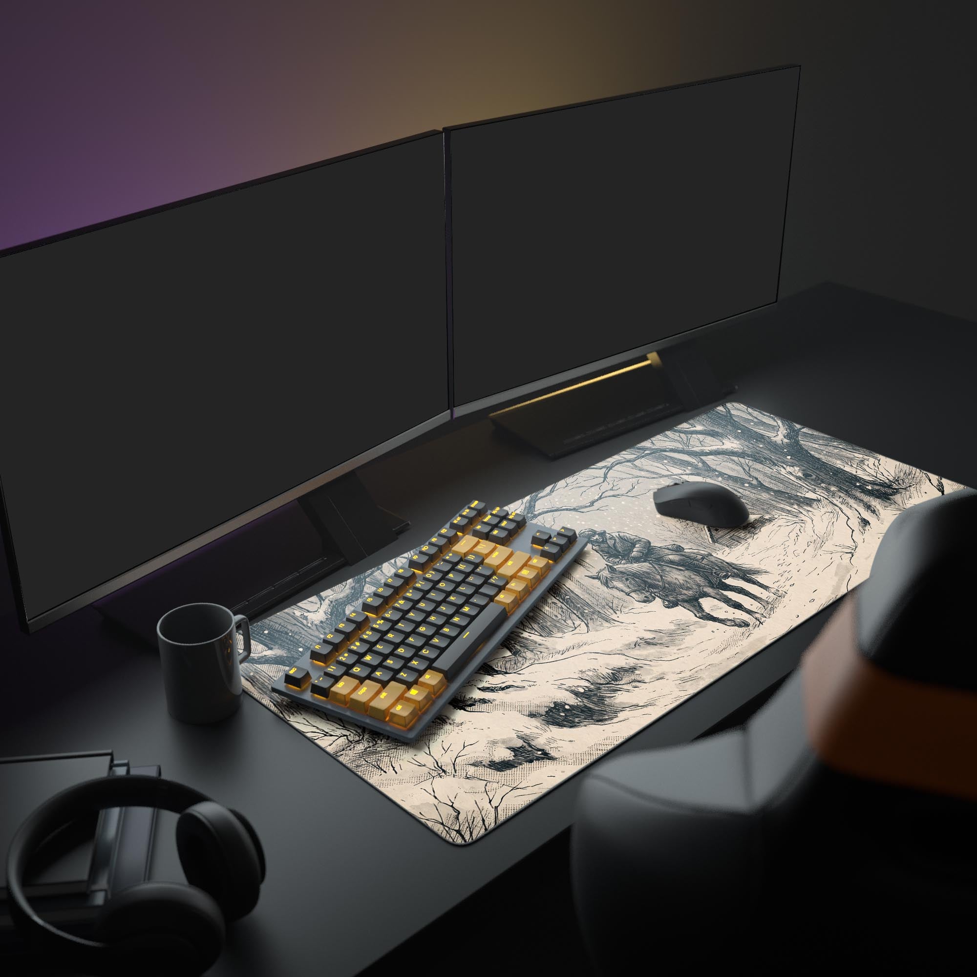 Close-up of the intricately drawn winter rider and horse on a smooth waterproof mouse pad