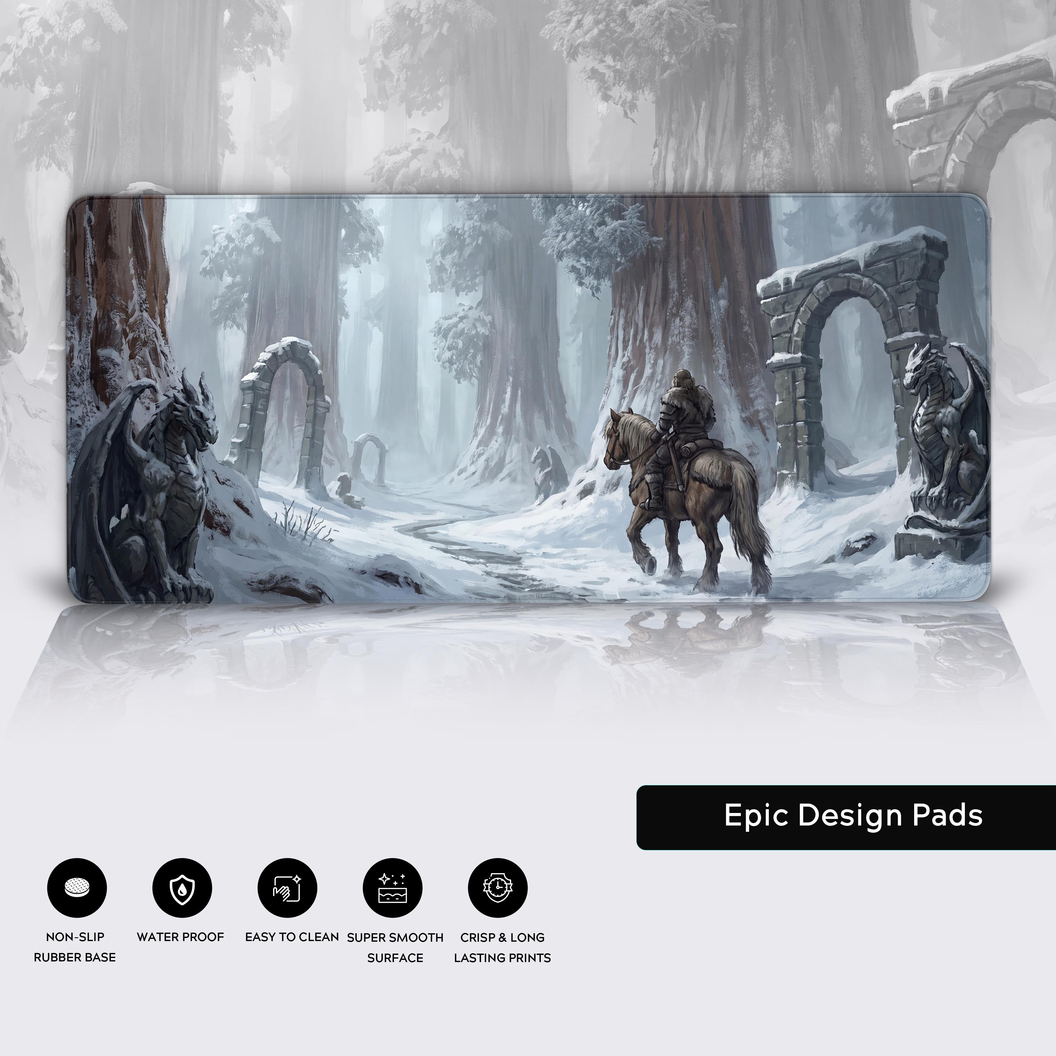 Full view of the epic winter fantasy desk mat showcasing the immersive snowy landscape and product feature icons.