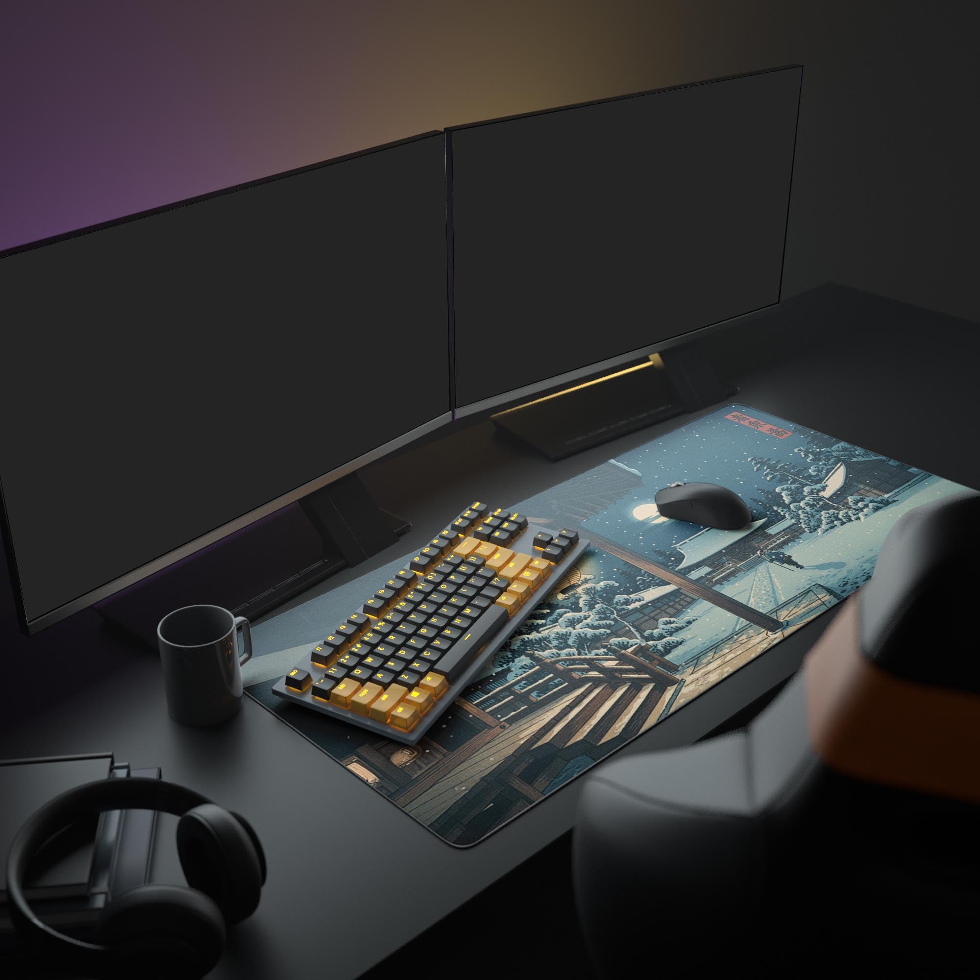 Large Winter Sanctuary desk mat in a cozy Japandi desk setup with dual monitors, headphones, and a warm lamp. - Epic Design Pads