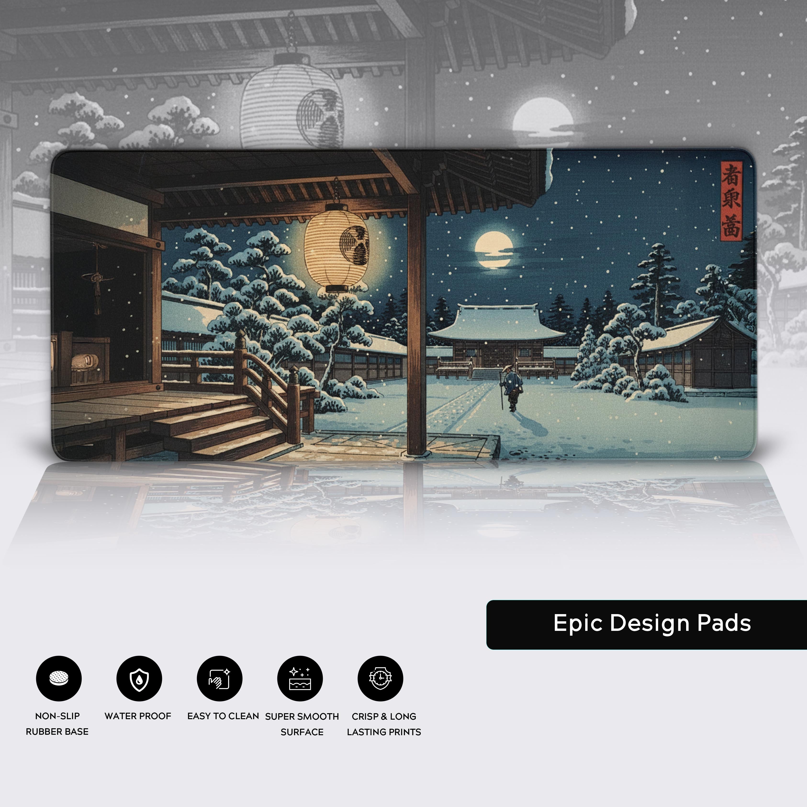 Close-up of the Winter Sanctuary Japanese desk mat, highlighting the high-quality stitched edges, smooth fabric surface, and non-slip rubber base. - Epic Design Pads