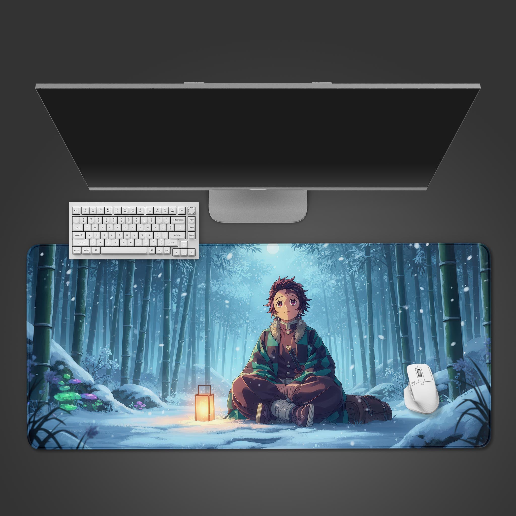 Winter Solitude anime desk mat featuring a checkered haori warrior in a snowy bamboo forest. Top-down view with a keyboard and mouse. - Epic Design Pads