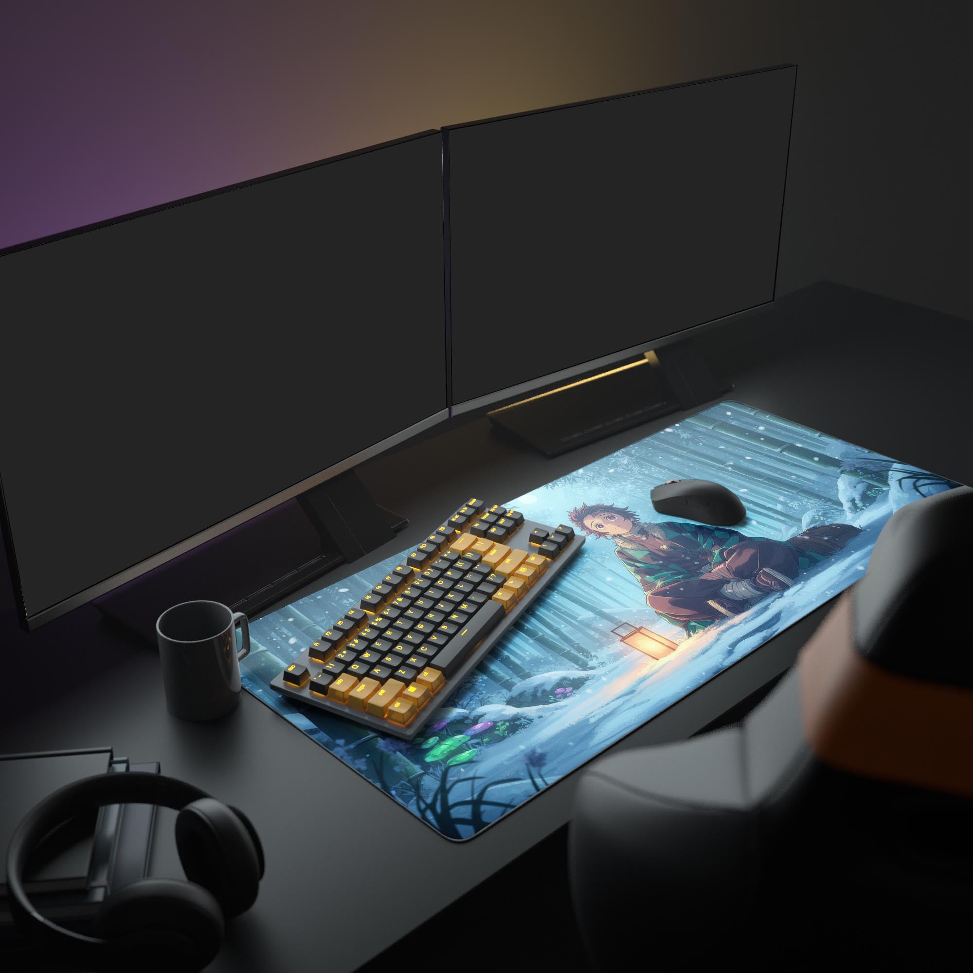 Large anime gaming desk mat with Winter Solitude design in a full desk setup with dual monitors, mechanical keyboard, and headphones. - Epic Design Pads
