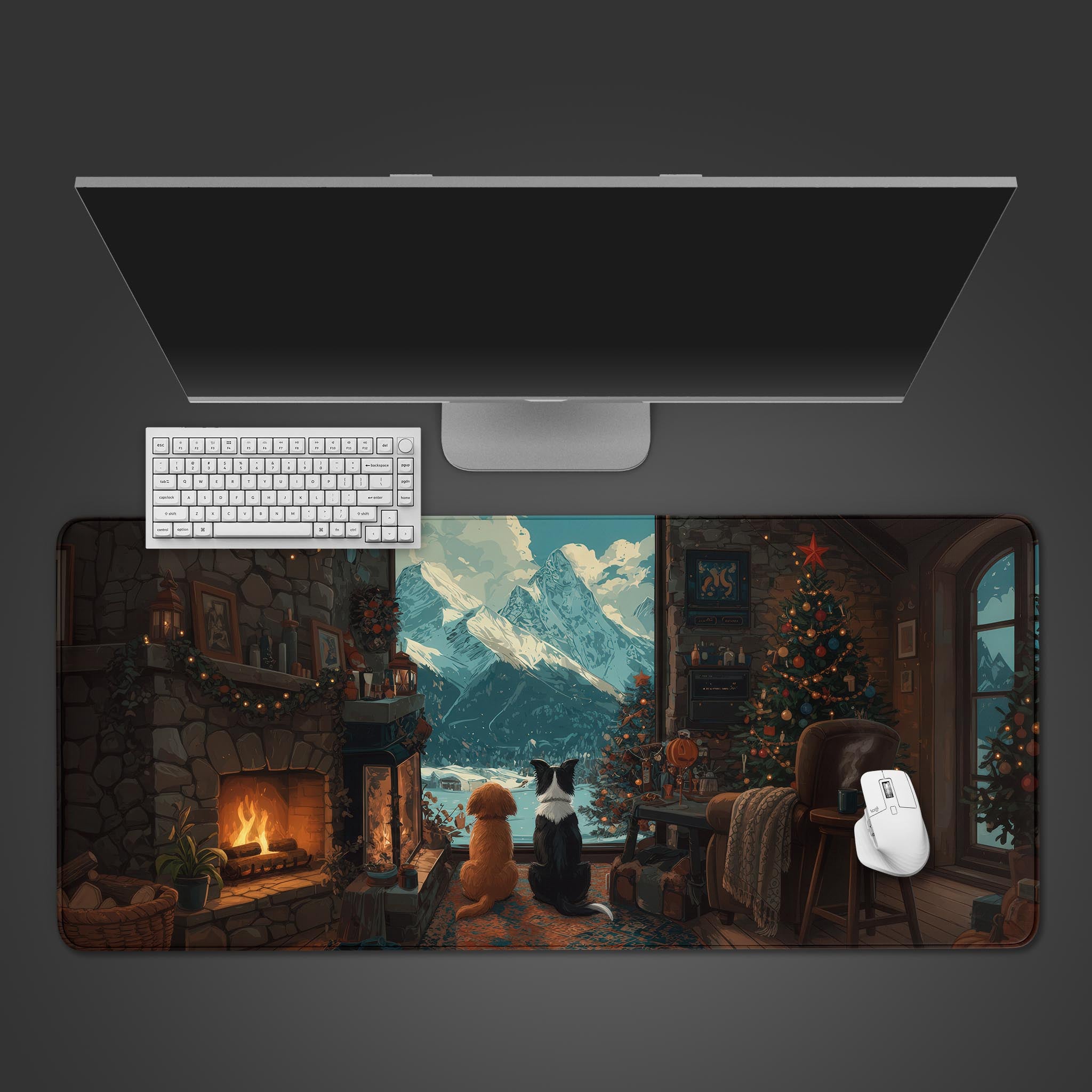 Winter View desk mat showing a cozy mountain lodge scene with a fireplace and dogs – top-down view with keyboard and mouse. - Epic Design Pads
