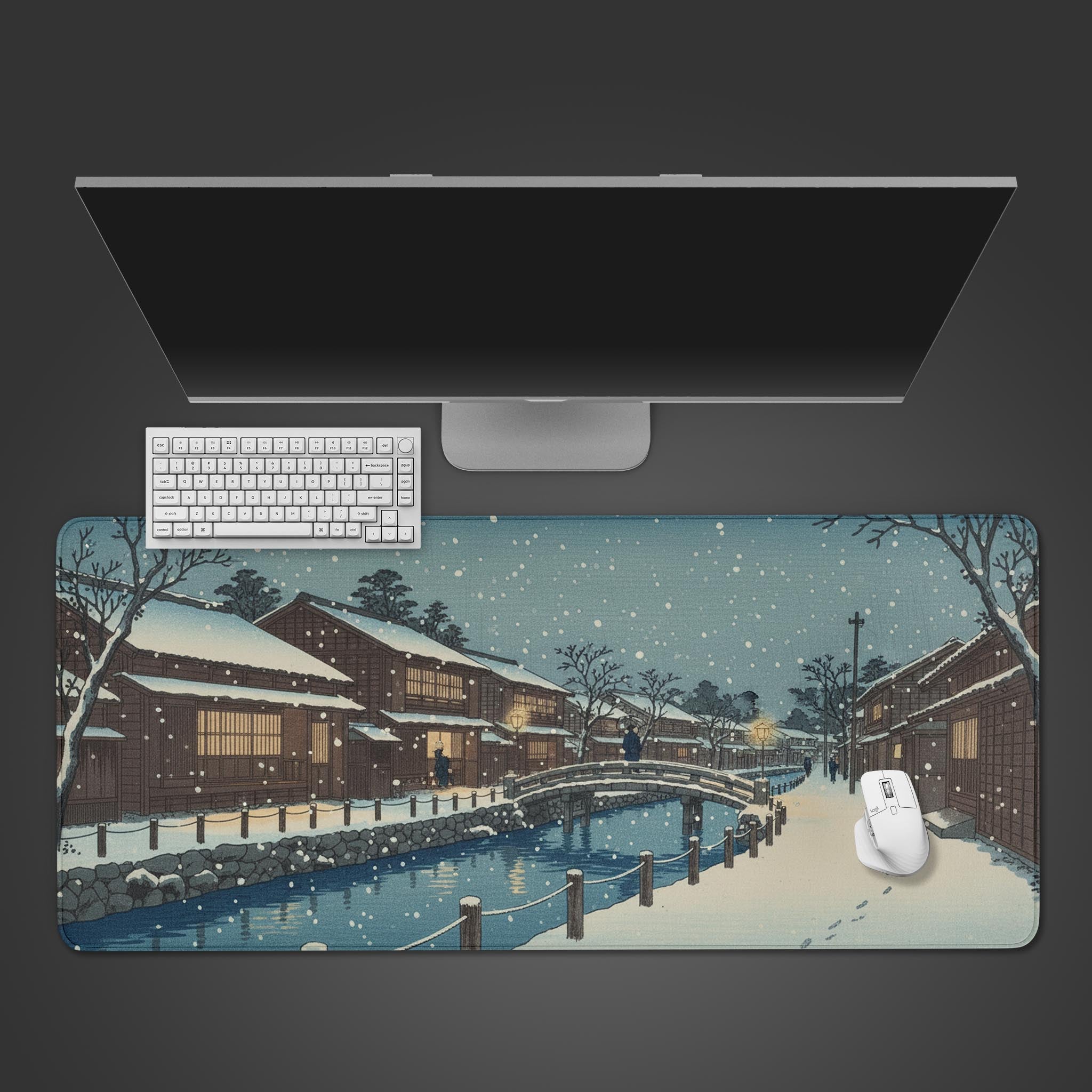 Winter Village Japanese art desk mat showing a snowy canal scene – top-down desktop view with a keyboard and mouse. - Epic Design Pads