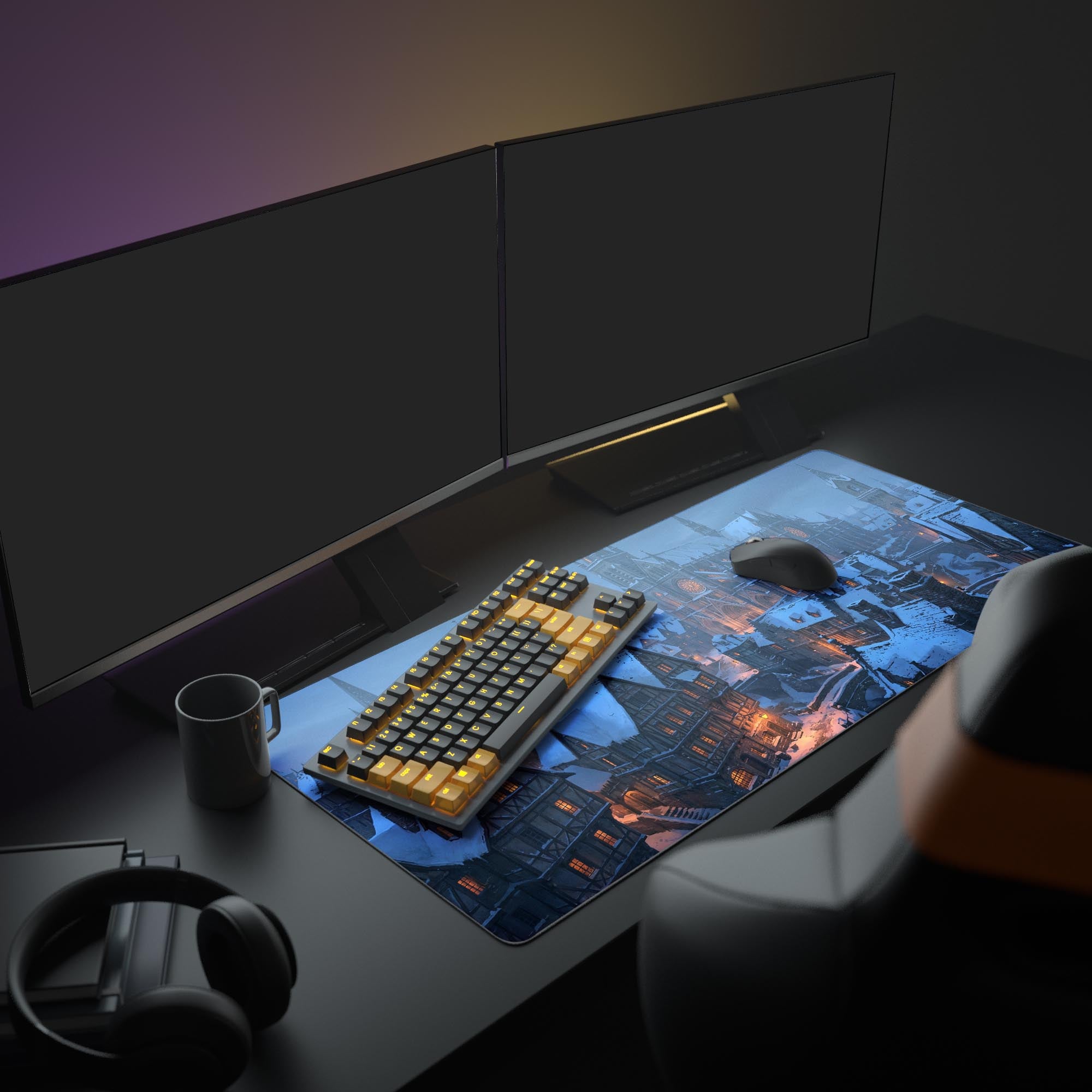 Large Winter Village desk mat shown in a cozy desk setup with a mechanical keyboard, dual monitors, and headphones. - Epic Design Pads & Mousepads