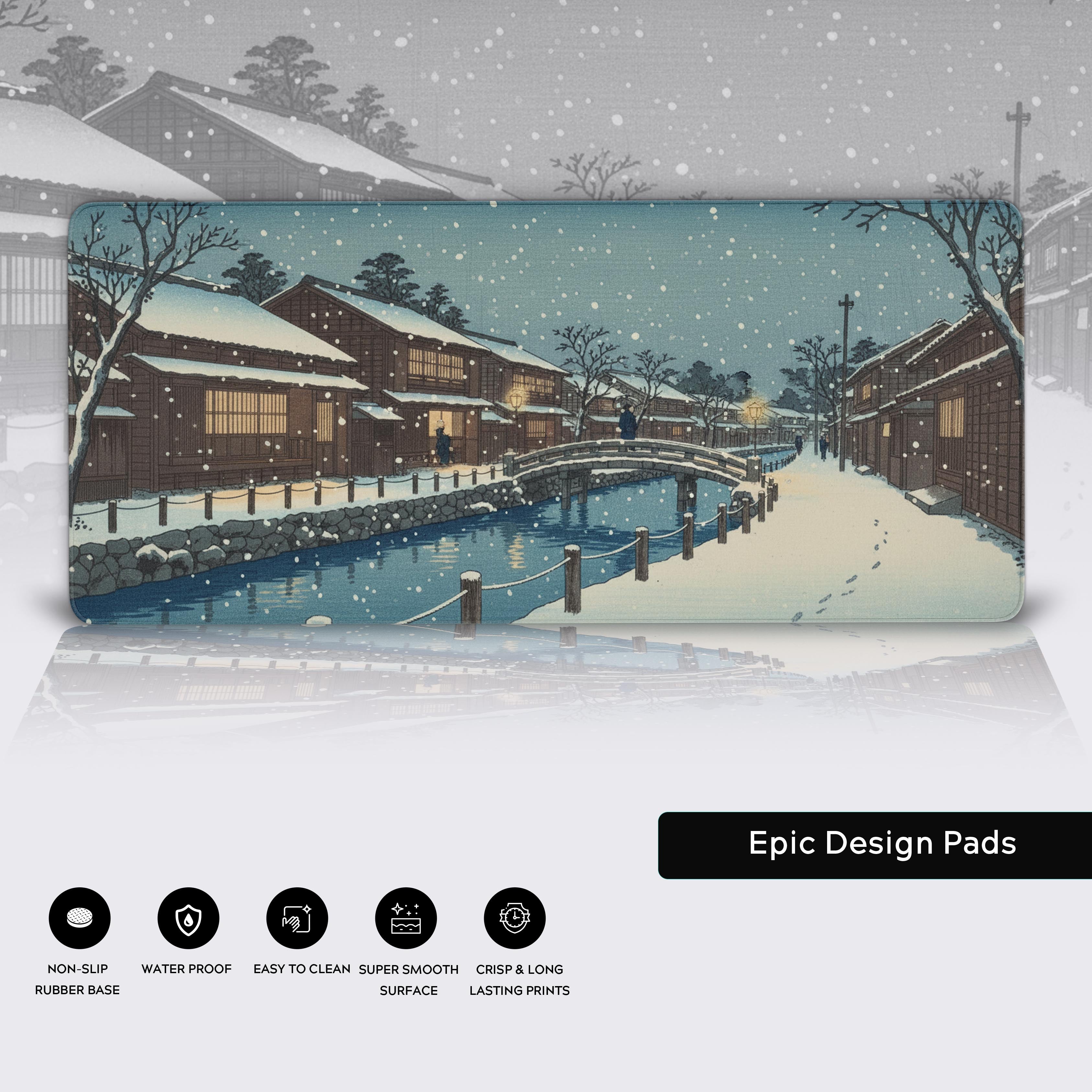 Winter Village Japanese art desk mat showcasing the high-quality stitched edges, water-resistant surface, and non-slip rubber base. - Epic Design Pads