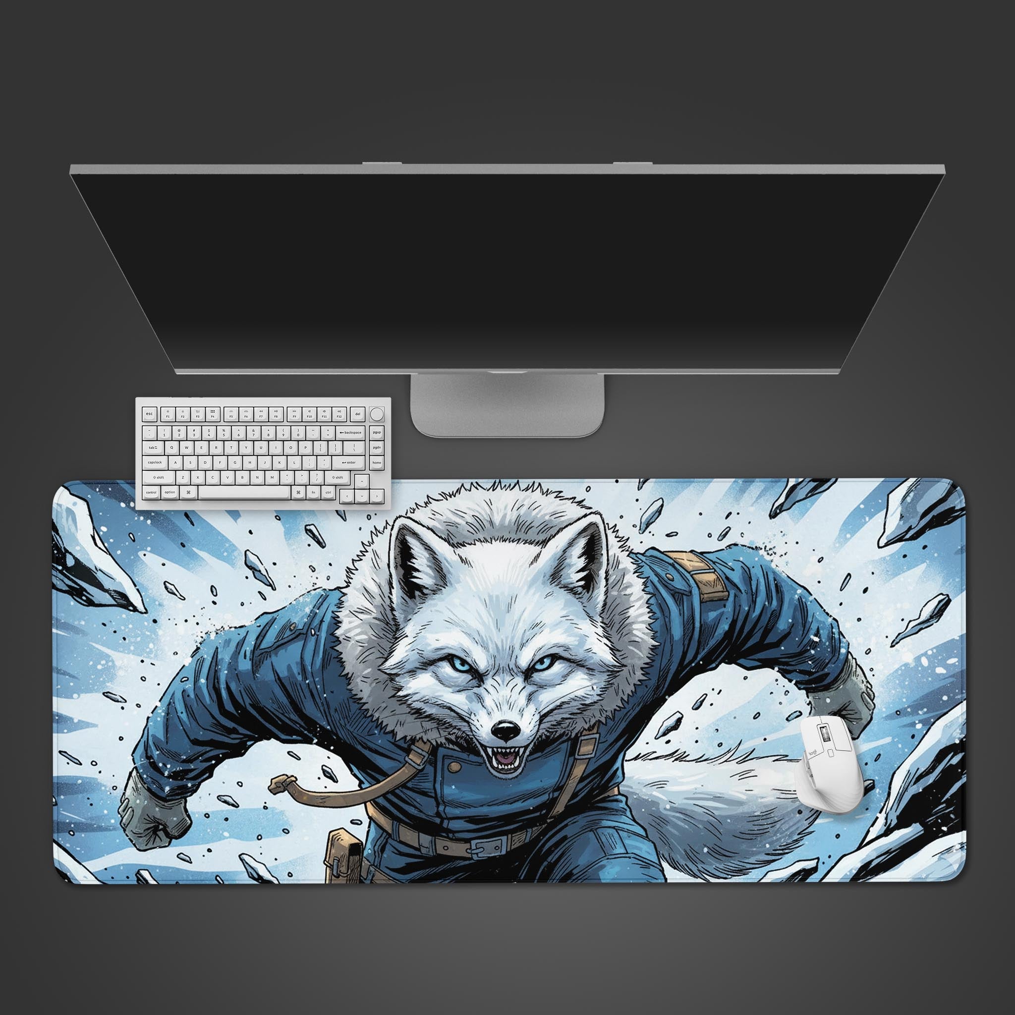 Winter Warrior gaming desk mat featuring an arctic fox design, shown in a desktop view with a gaming keyboard and mouse. - Epic Design Pads