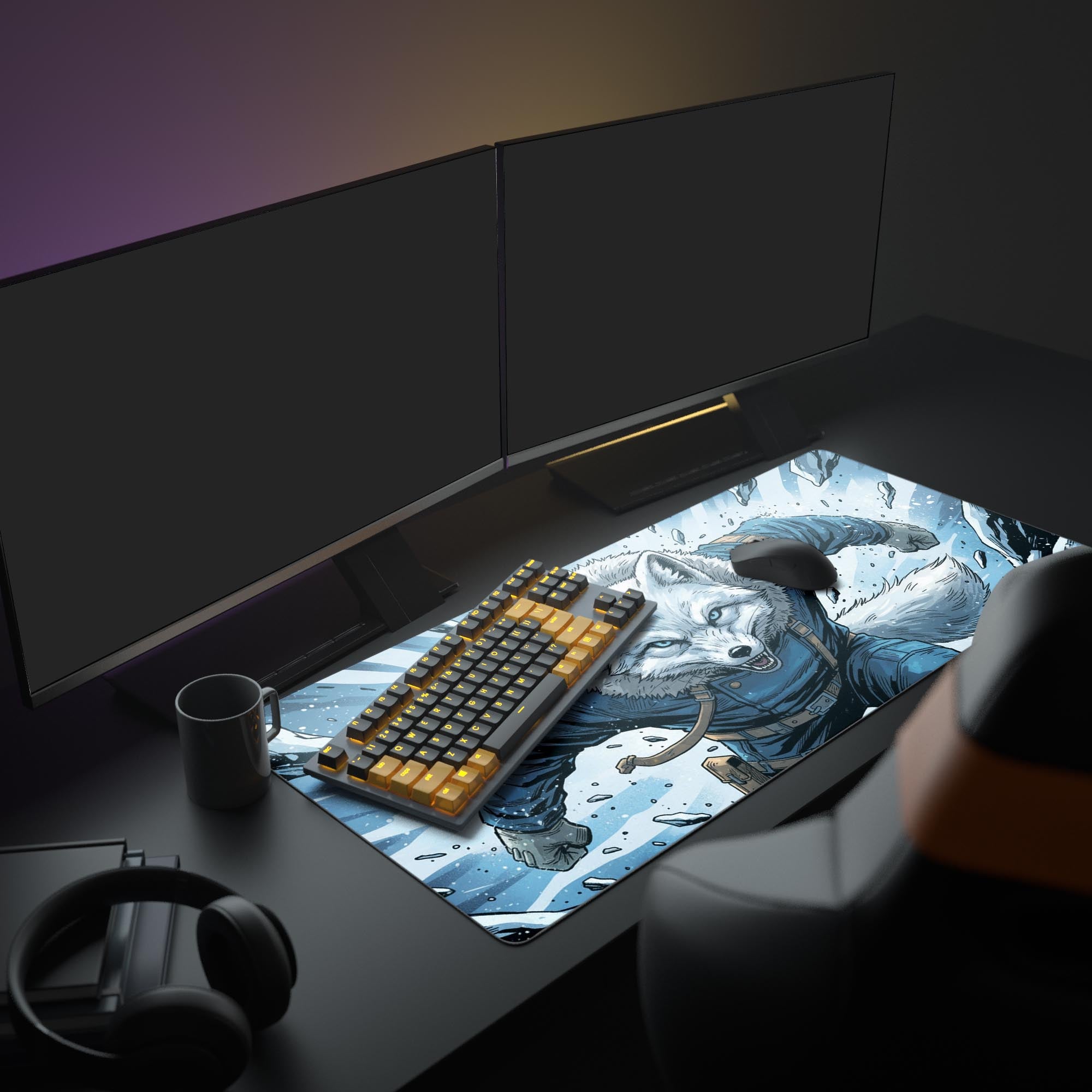 Large Winter Warrior gaming desk mat with arctic fox art, shown in a full gaming setup with dual monitors and headphones. - Epic Design Pads