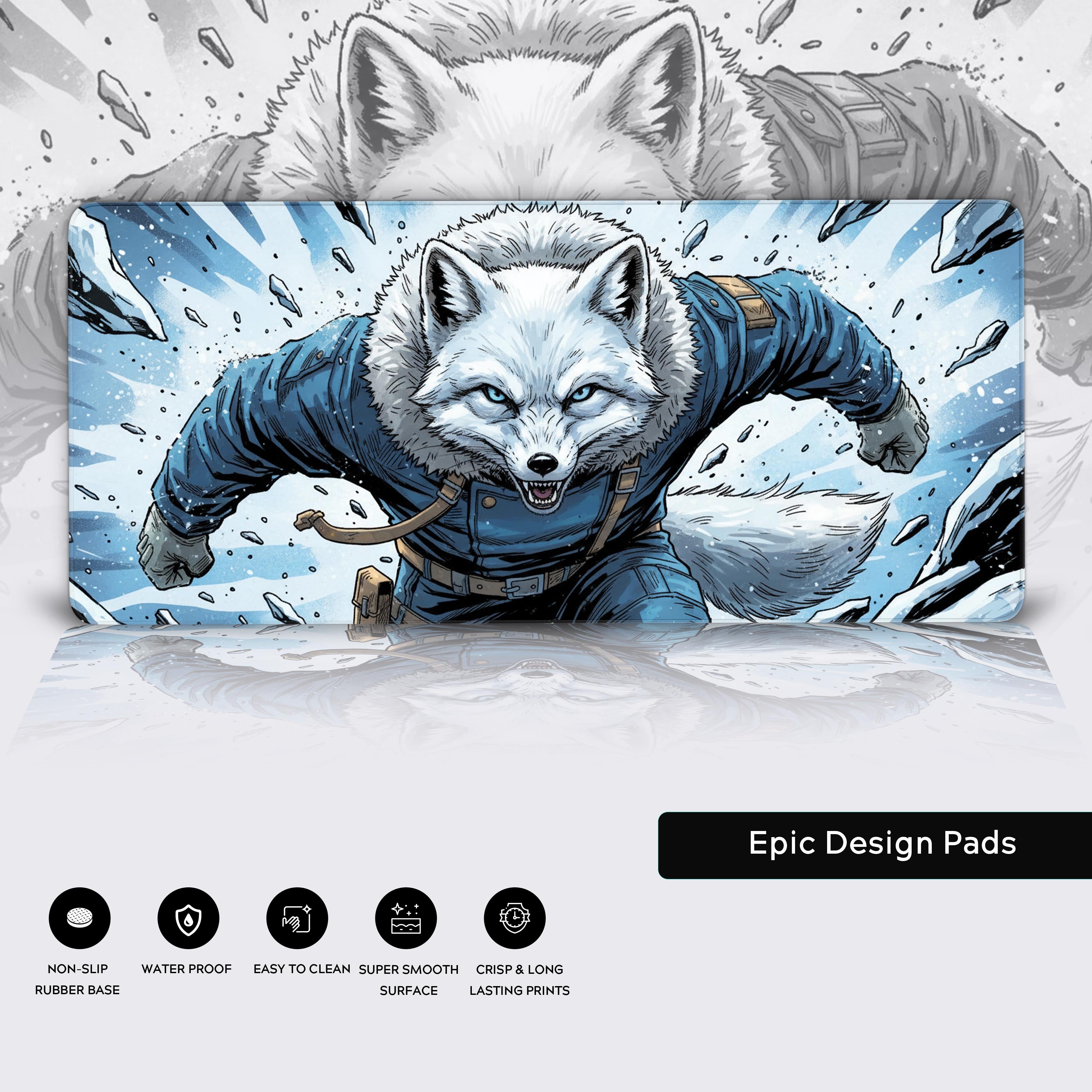 Winter Warrior desk mat with arctic fox design, highlighting the premium stitched edges, non-slip base, and water-resistant surface. - Epic Design Pads