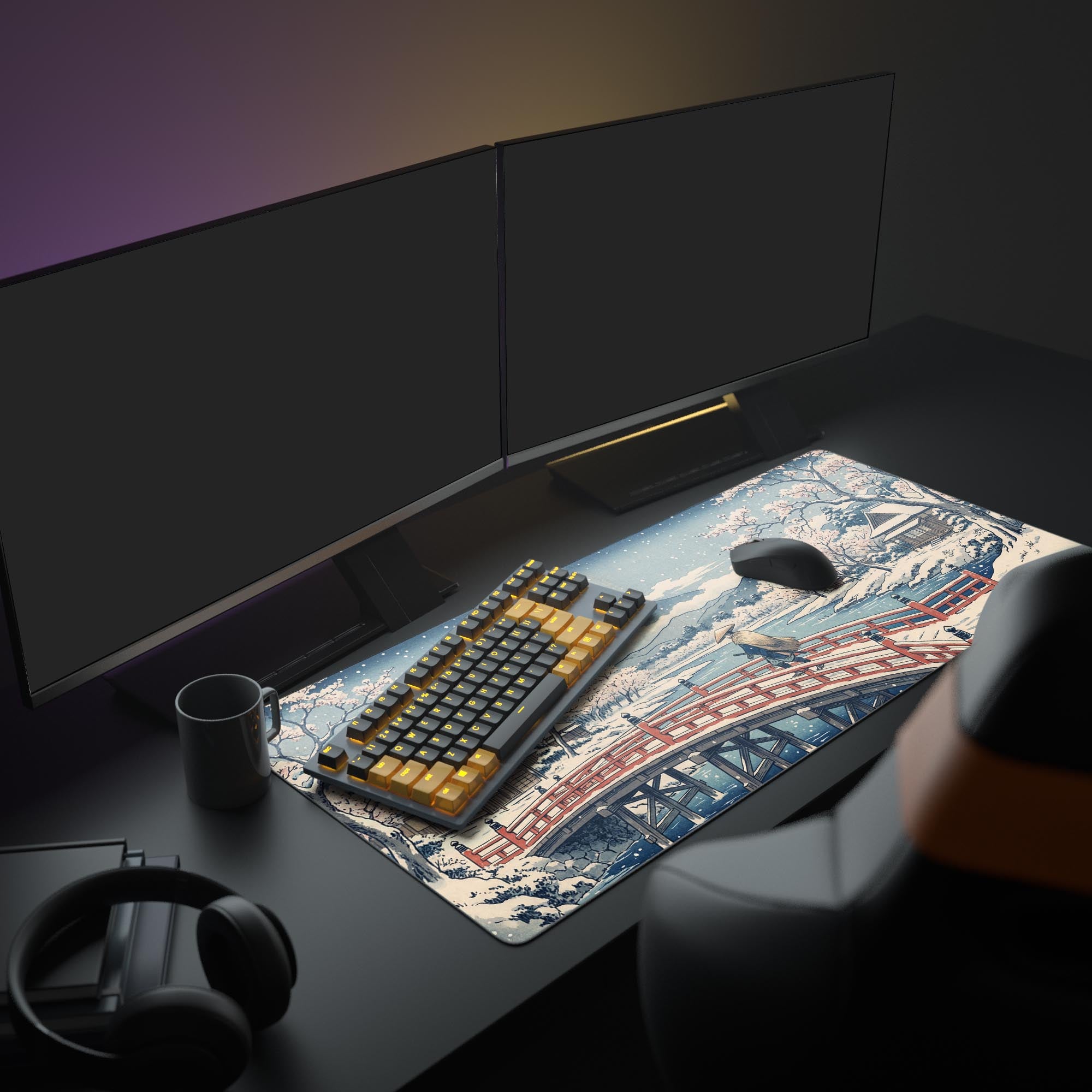The Winter Zen Path mouse pad enhances a clean gaming setup, showcasing its large size under a glowing keyboard and multiple monitors, adding a touch of Japanese aesthetic to the desk. - Epic Design Pads & Mousepads
