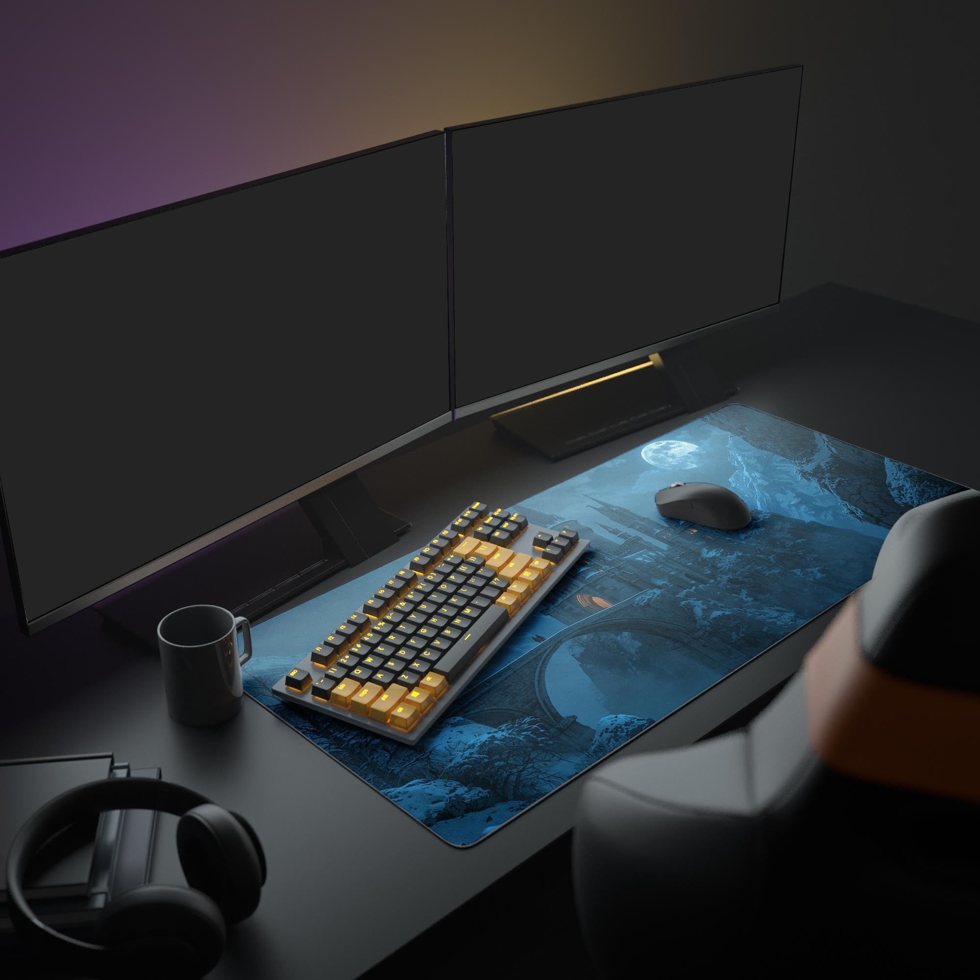 Large Winterhold Castle gaming mouse pad shown in an epic gaming setup with dual monitors and RGB lighting. - Epic Design Pads