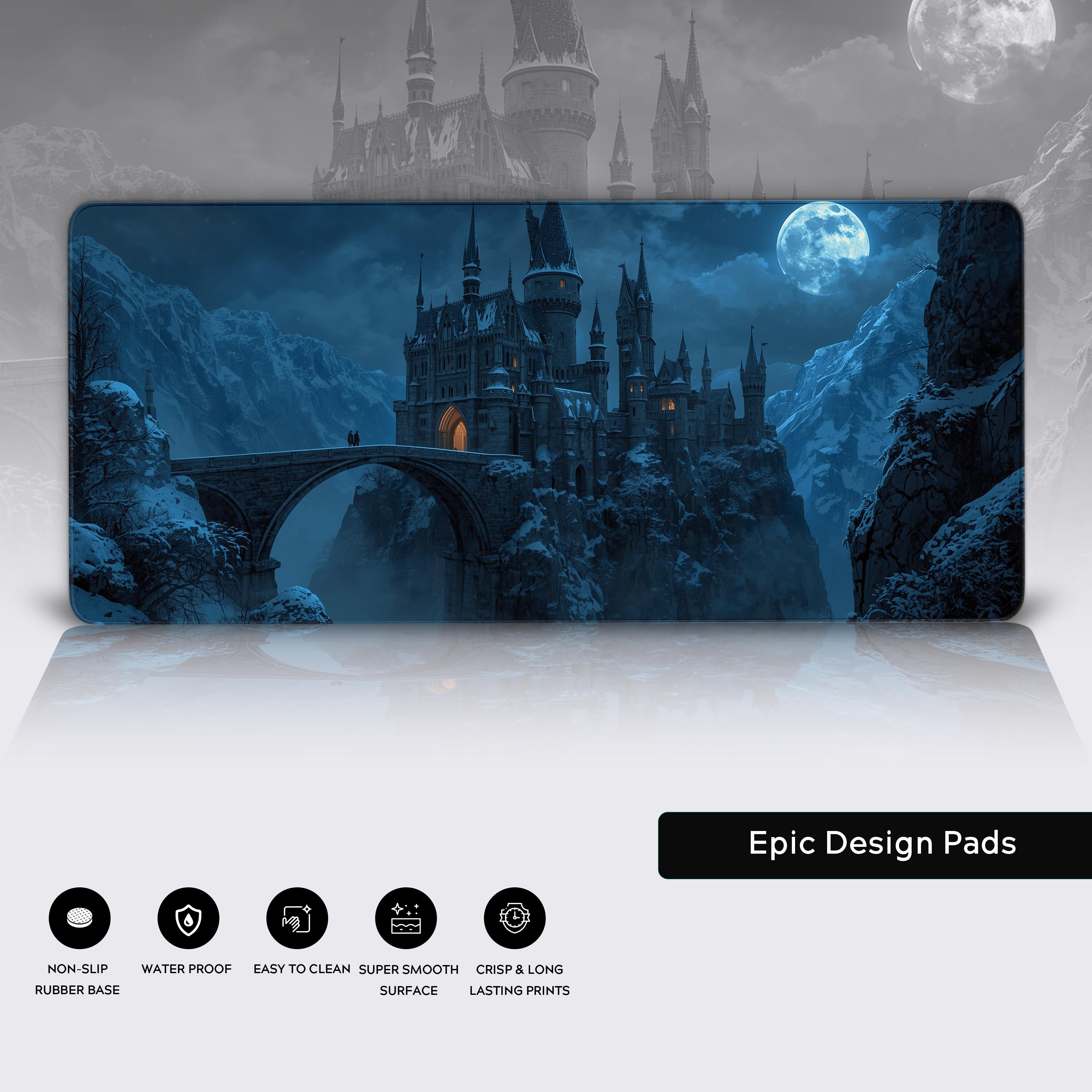 Winterhold Castle desk mat showcasing its high-quality stitched edges, water-resistant surface, and non-slip rubber base. - Epic Design Pads
