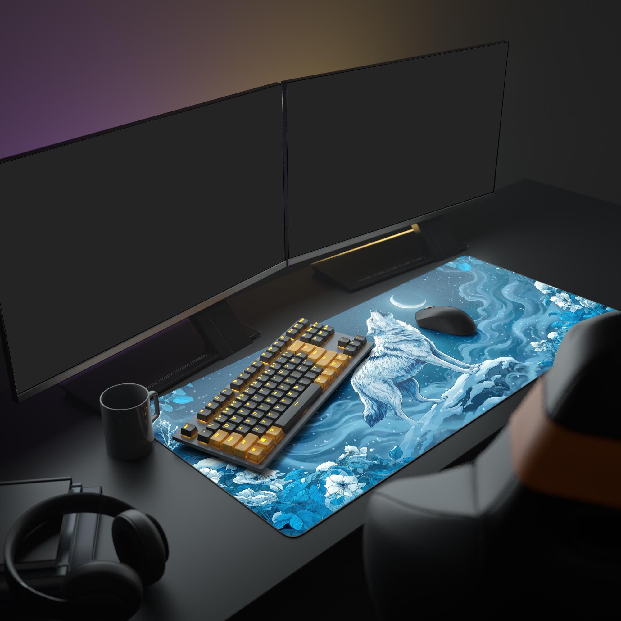 Large Winter's Howl gaming desk mat in an aesthetic desk setup with dual monitors, headphones, and a mechanical keyboard. - Epic Design Pads & Mousepads