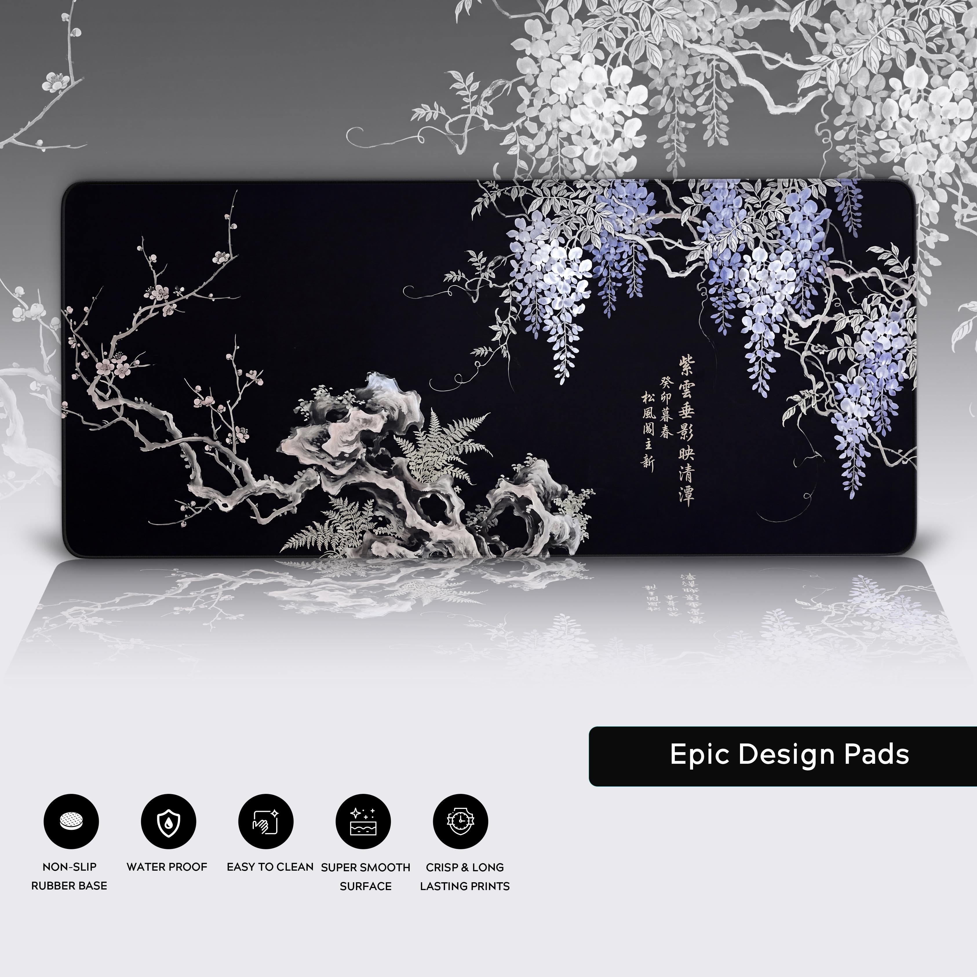 Feature breakdown of the desk mat highlighting non-slip rubber base, waterproof coating, easy to clean surface, and crisp long-lasting print