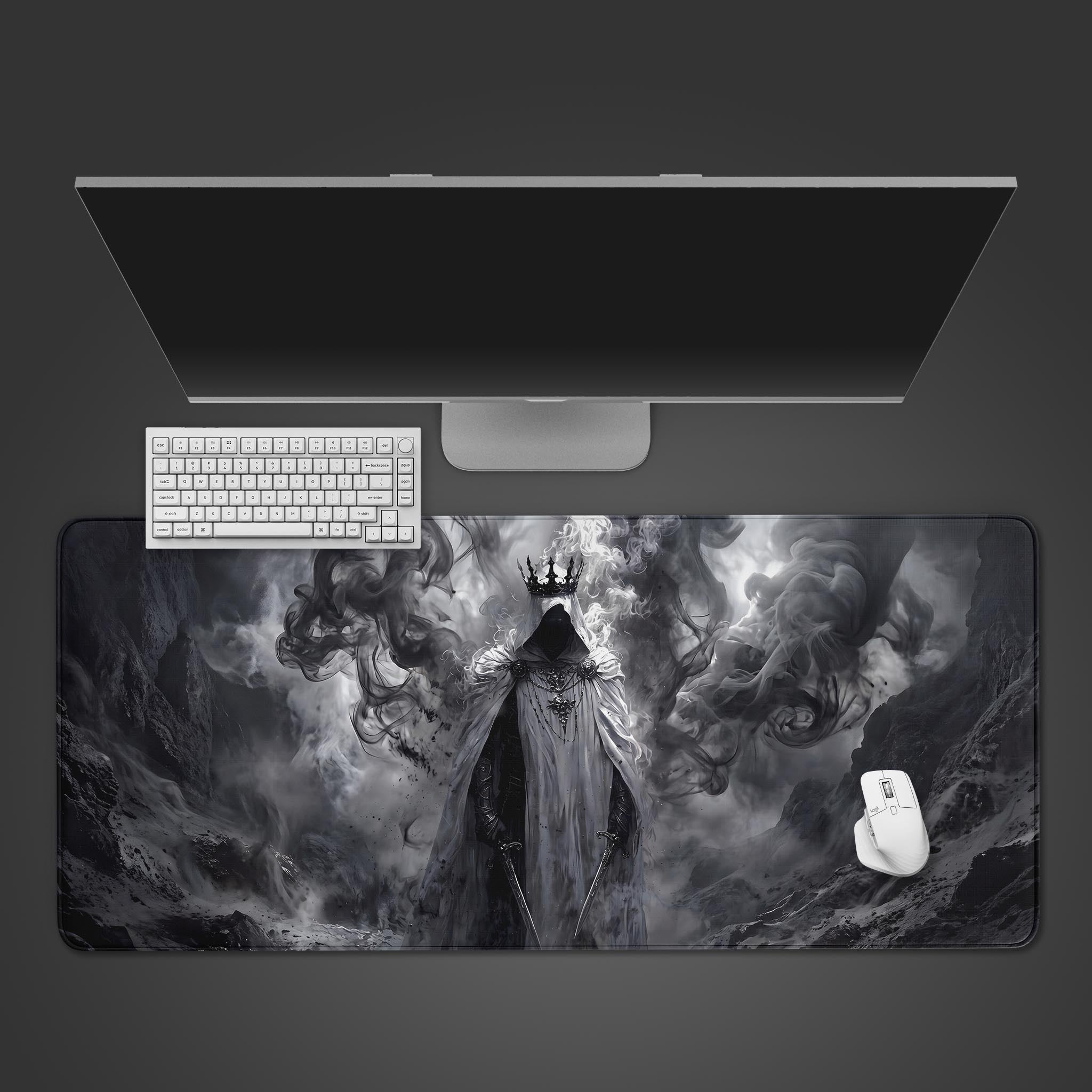 Dark fantasy Shadow Sovereign desk mat featuring a hooded spectral king wielding dual swords in swirling smoke.