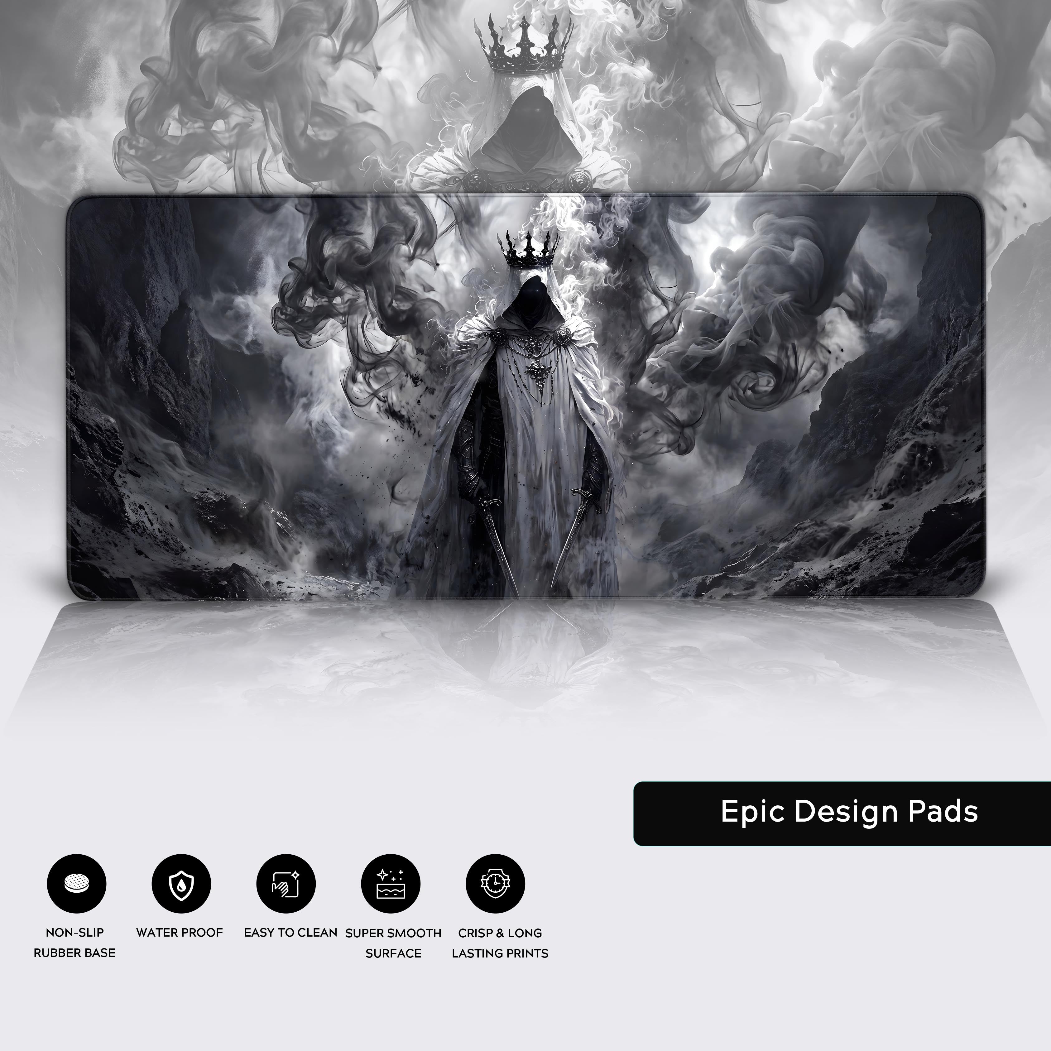 Epic monochrome gaming setup desk mat with grimdark fantasy aesthetic and sharp, long-lasting print.