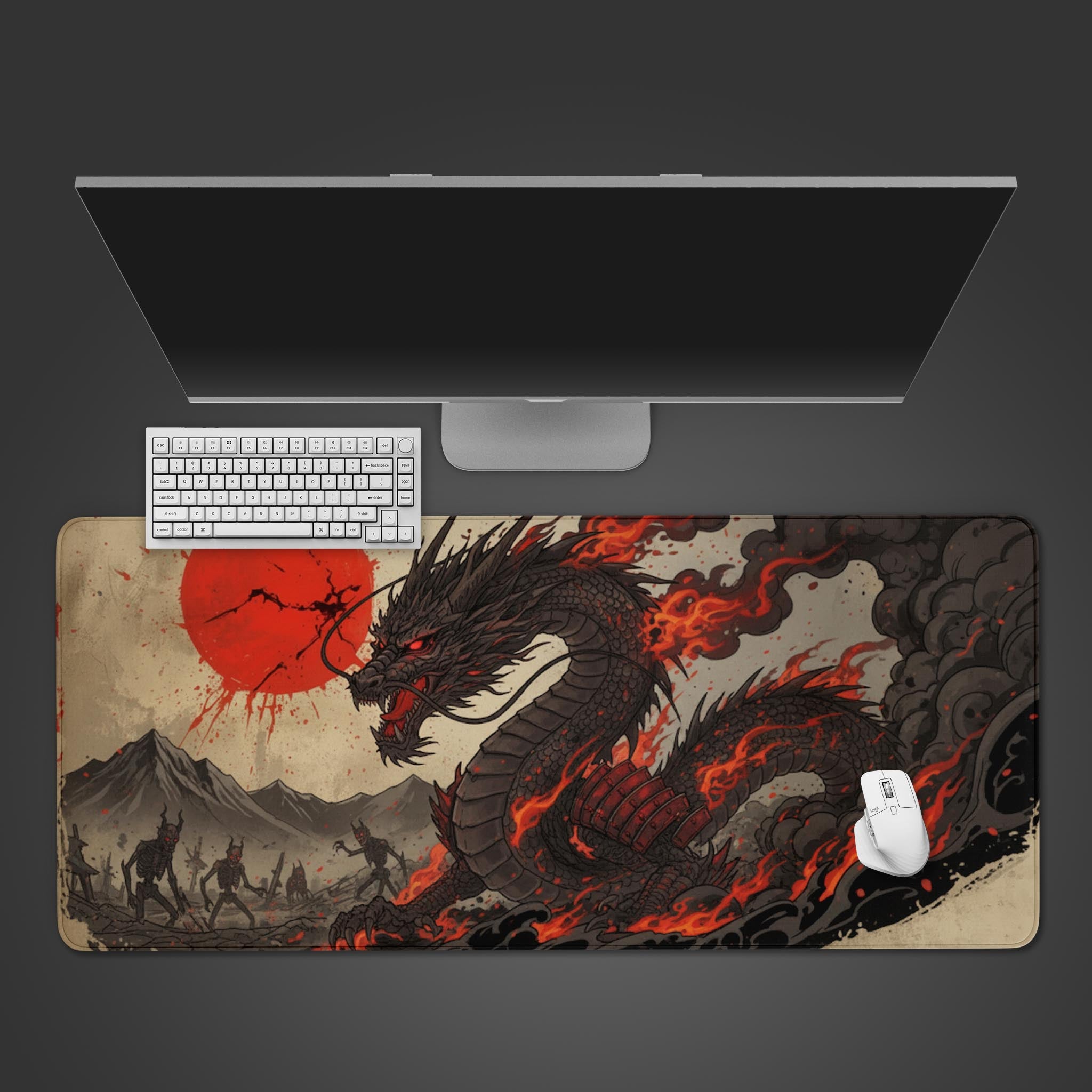 Wrath of Ryū gaming desk mat with a Japanese dragon and samurai design. Top-down view on a desk with a black gaming keyboard and mouse. - Epic Design Pads