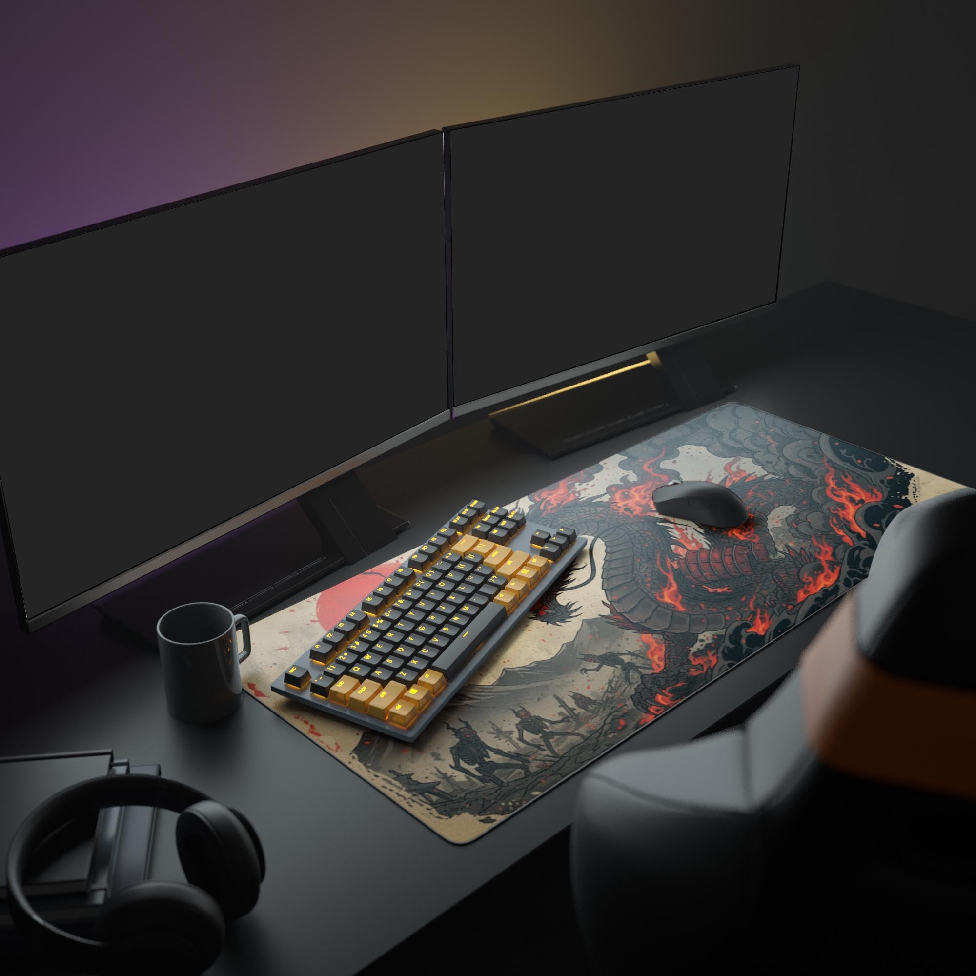 Large Wrath of Ryū gaming desk mat with Japanese dragon art shown in a complete gaming setup with dual monitors, mechanical keyboard, and headphones. - Epic Design Pads