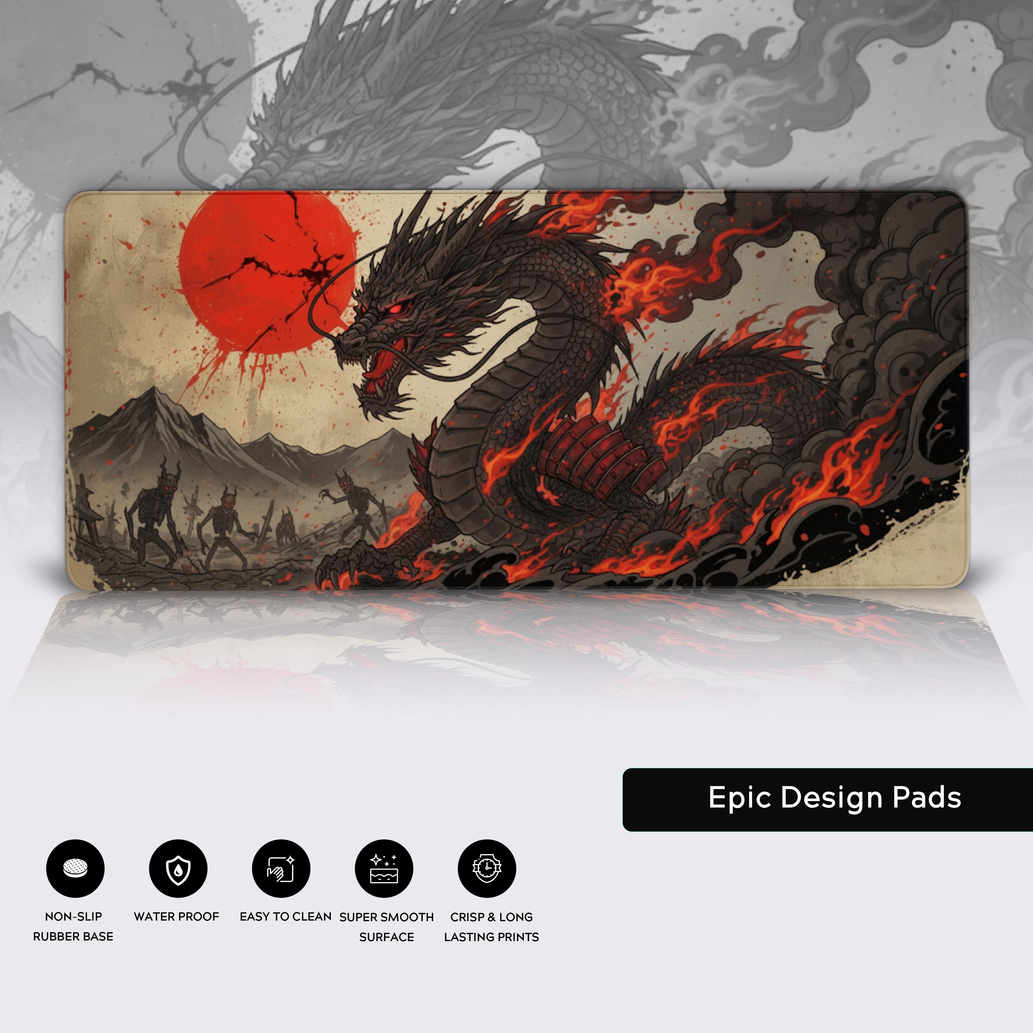 Wrath of Ryū Japanese dragon gaming desk mat showcasing details like the premium stitched edges, water-resistant surface, and non-slip rubber base. - Epic Design Pads
