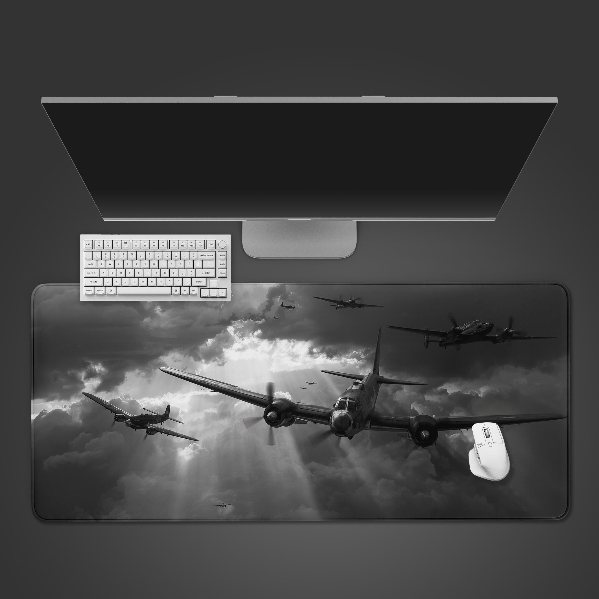 WW2 planes desk mat in black and white featuring B-17 bombers – top-down view on a desk with a keyboard and mouse. - Epic Design Pads