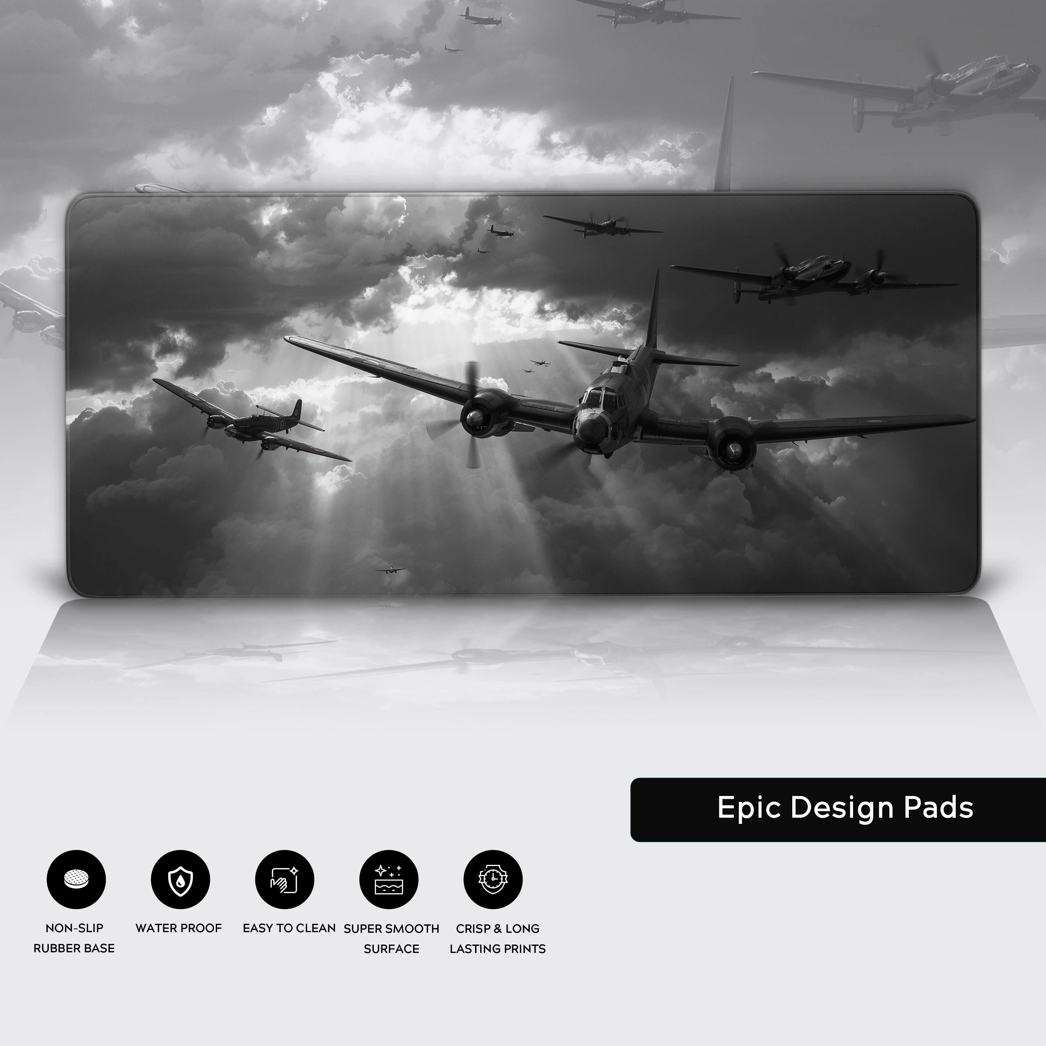 Close-up of the WW2 planes desk mat showcasing its waterproof surface, stitched edges, and non-slip rubber base. - Epic Design Pads