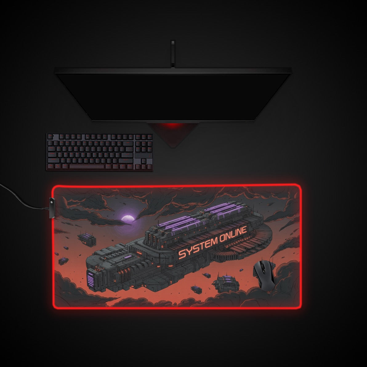 Gaming setup with a keyboard, mouse, and large mouse pad featuring a space-themed design on a dark background.