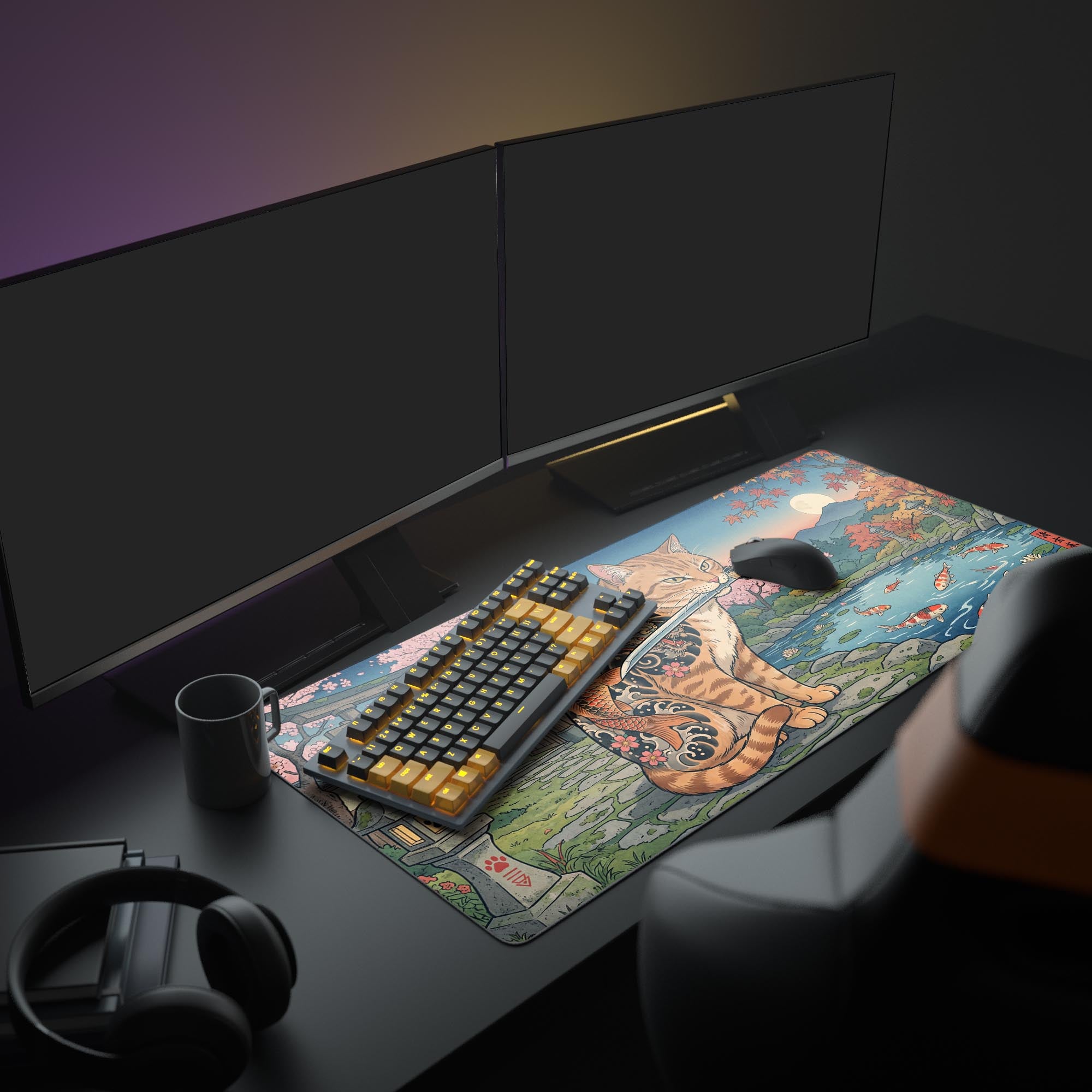 A full gaming setup featuring the Japanese Ukiyo-e style gaming desk mat, with a large monitor, mechanical keyboard, and a white mouse. - Epic Design Pads & Mousepads