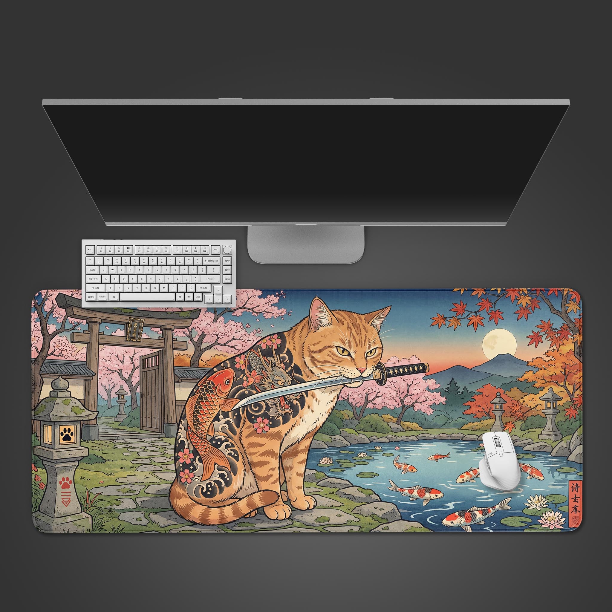 Top-down view of the Yakuza Neko gaming desk mat, featuring a samurai cat with a katana, shown with a white keyboard and mouse on a dark background. - Epic Design Pads & Mousepads