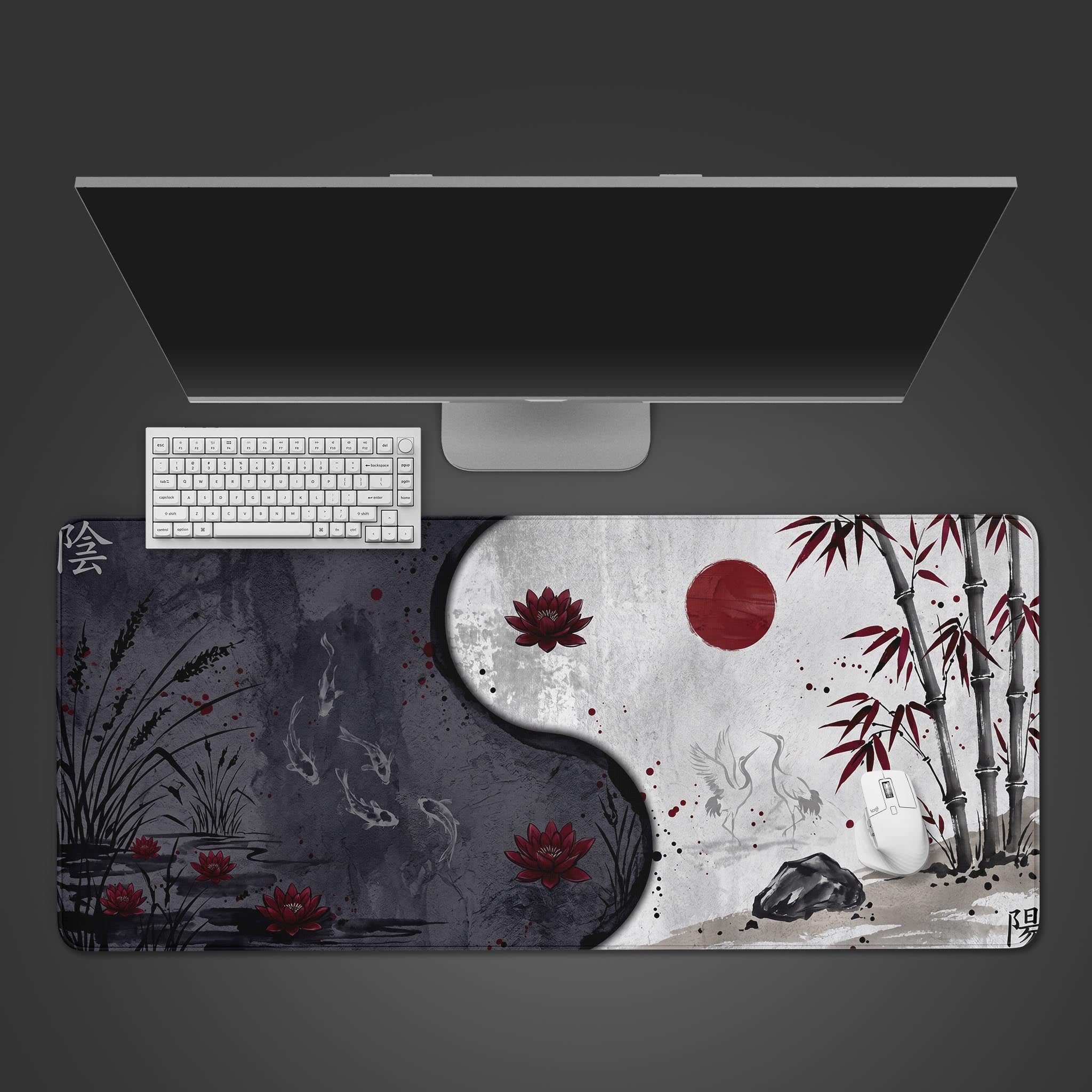 Yin Yang Balance desk mat featuring traditional ink wash art with koi fish, bamboo, and crimson accents