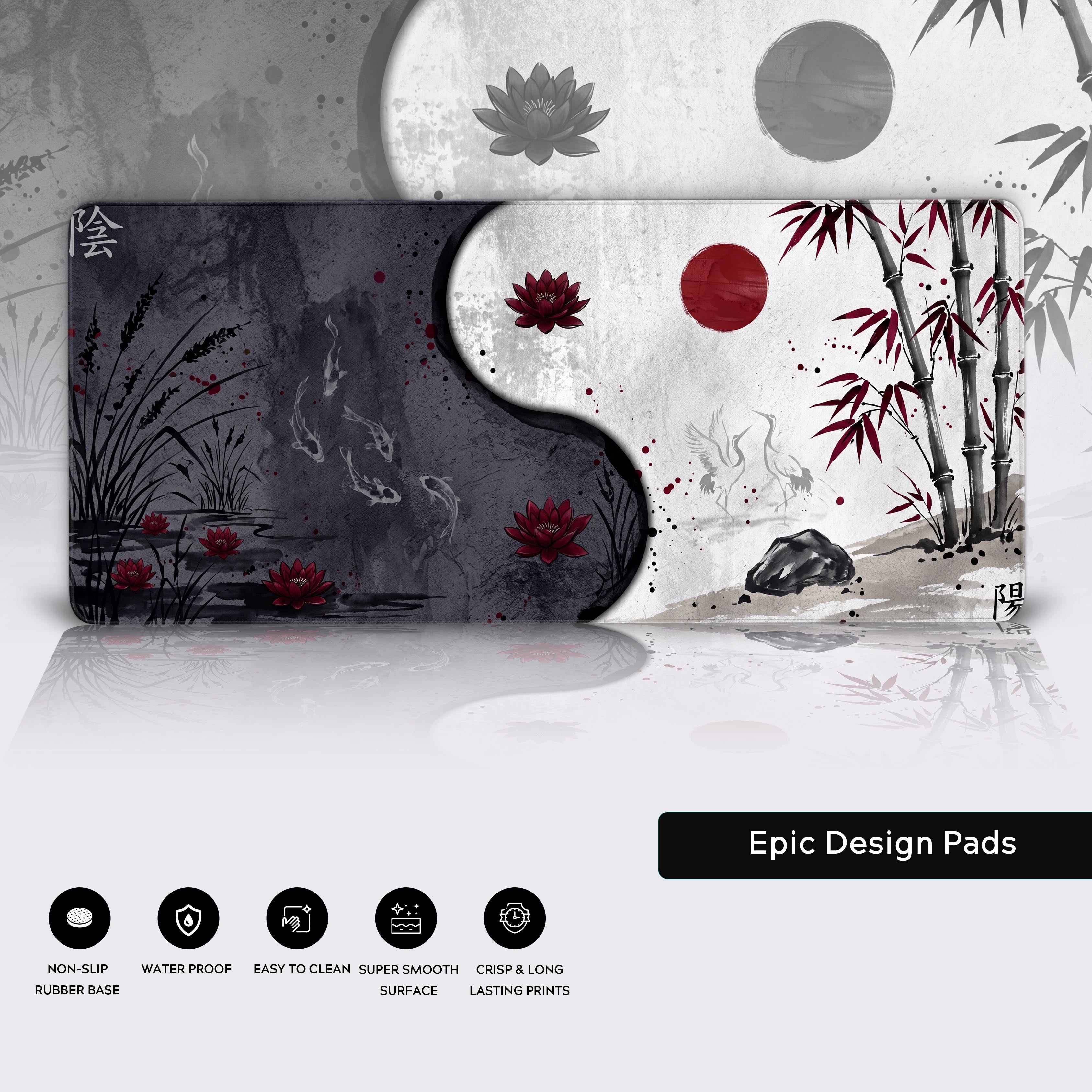 Feature icons highlighting the desk mat's non-slip rubber base, waterproof surface, easy-to-clean material, super smooth tracking, and crisp long-lasting prints