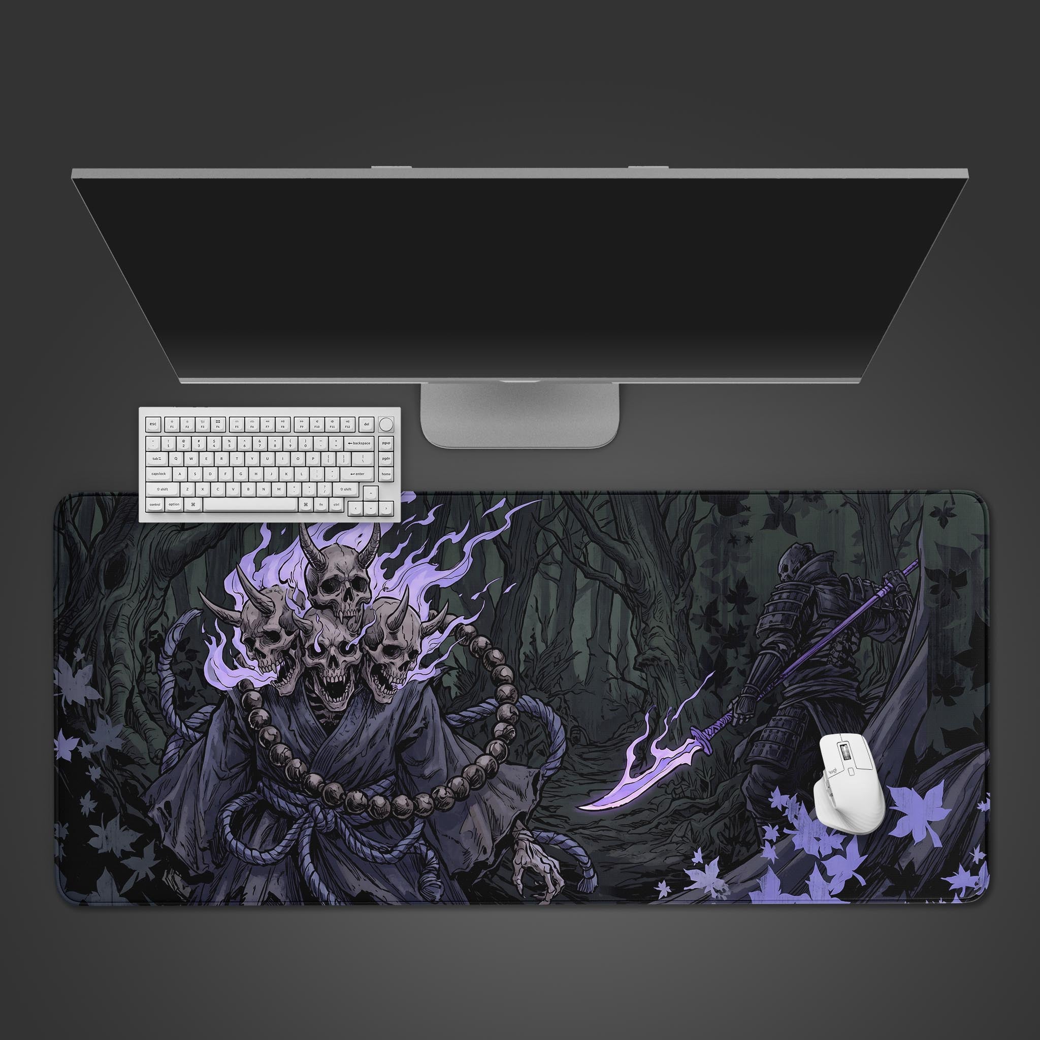 A dark fantasy desk mat featuring a multi-headed Yokai monk with purple flames and a samurai warrior in a dark forest.