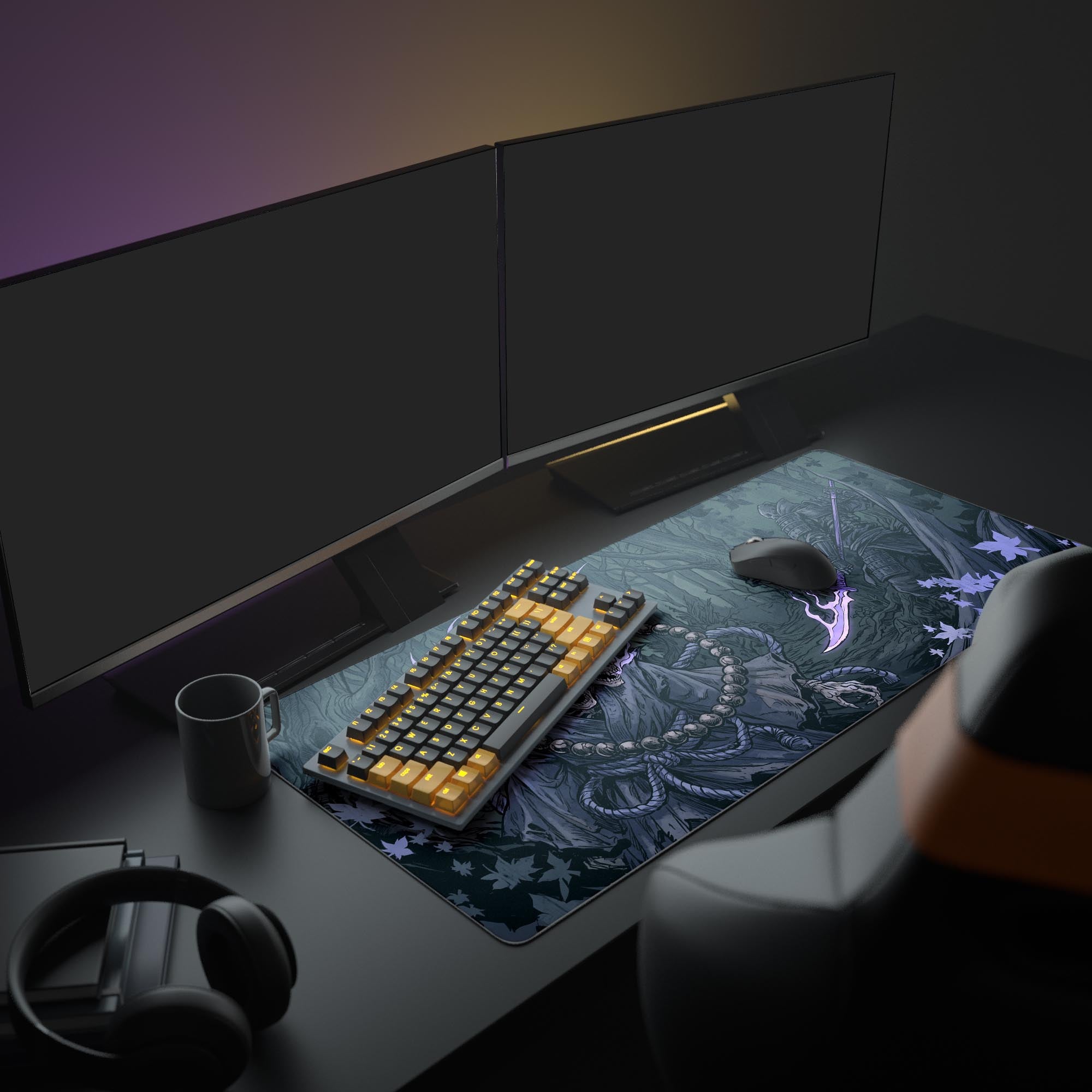 Close-up of the gothic Japanese desk mat showing detailed demonic skulls, prayer beads, and glowing purple spiritual energy.