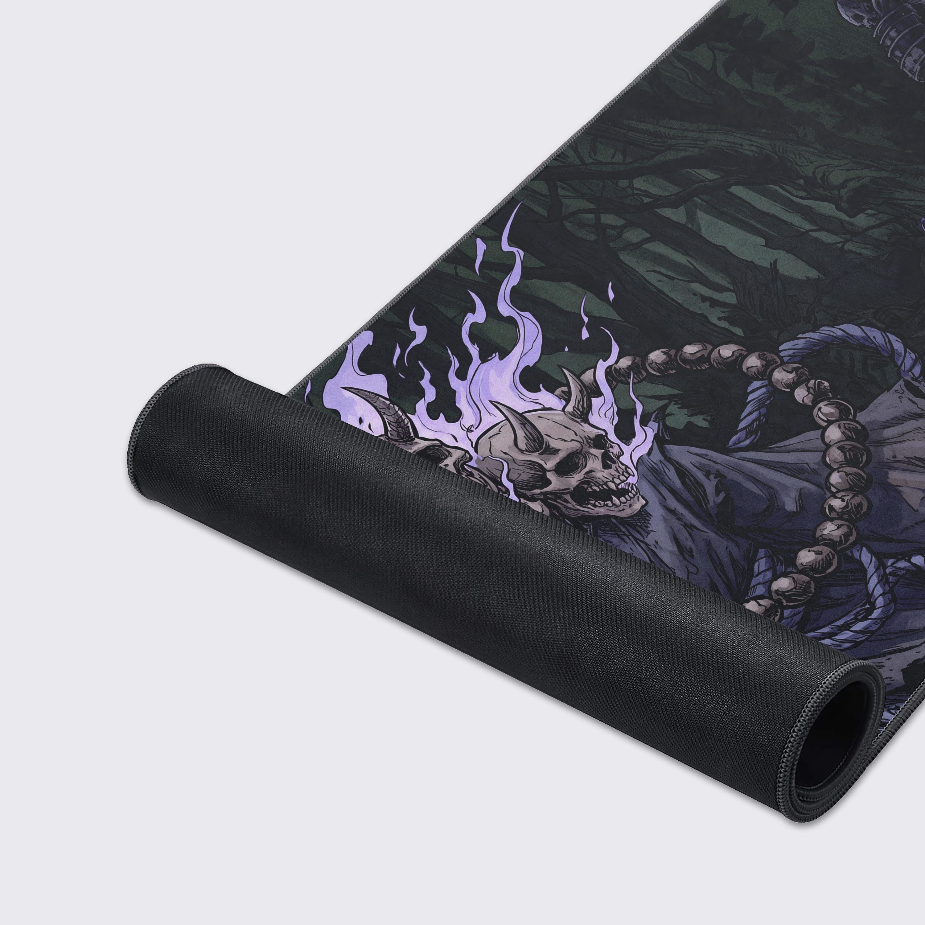 High-quality gaming mouse pad with a phantom samurai wielding a purple glowing naginata spear among falling dark leaves.