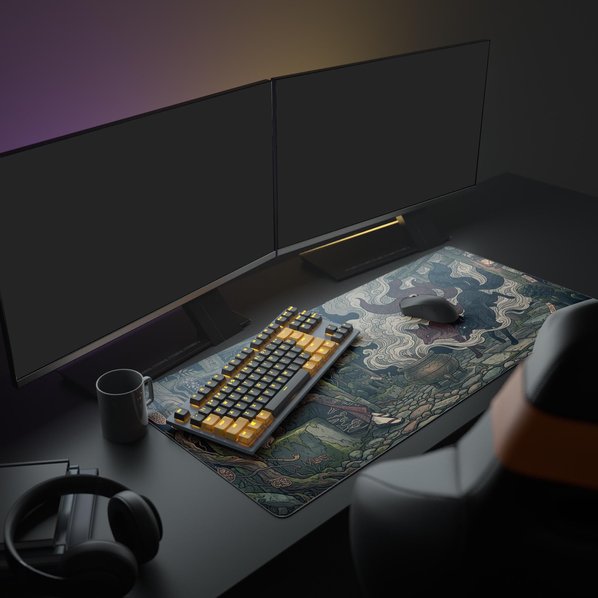 The Yokai Incense mouse pad in a full gaming setup, showcasing its large size under a monitor, keyboard, and mouse, enhancing the Japanese mythology aesthetic. - Epic Design Pads & Mousepads
