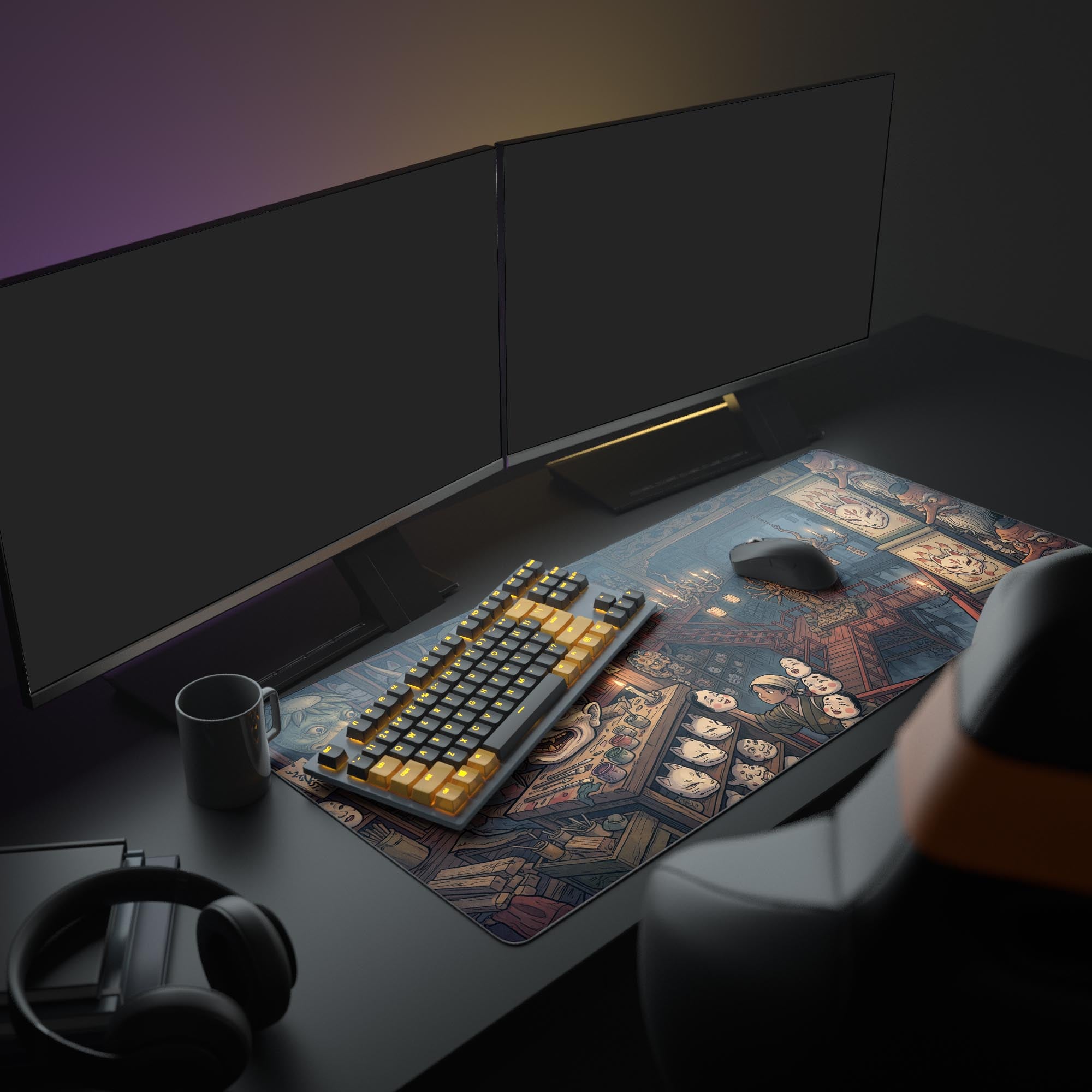 A full gaming setup featuring the Yokai Mask Maker mouse pad, creating a mythical, candlelit atmosphere with multiple monitors and an illuminated keyboard. - Epic Design Pads & Mousepads