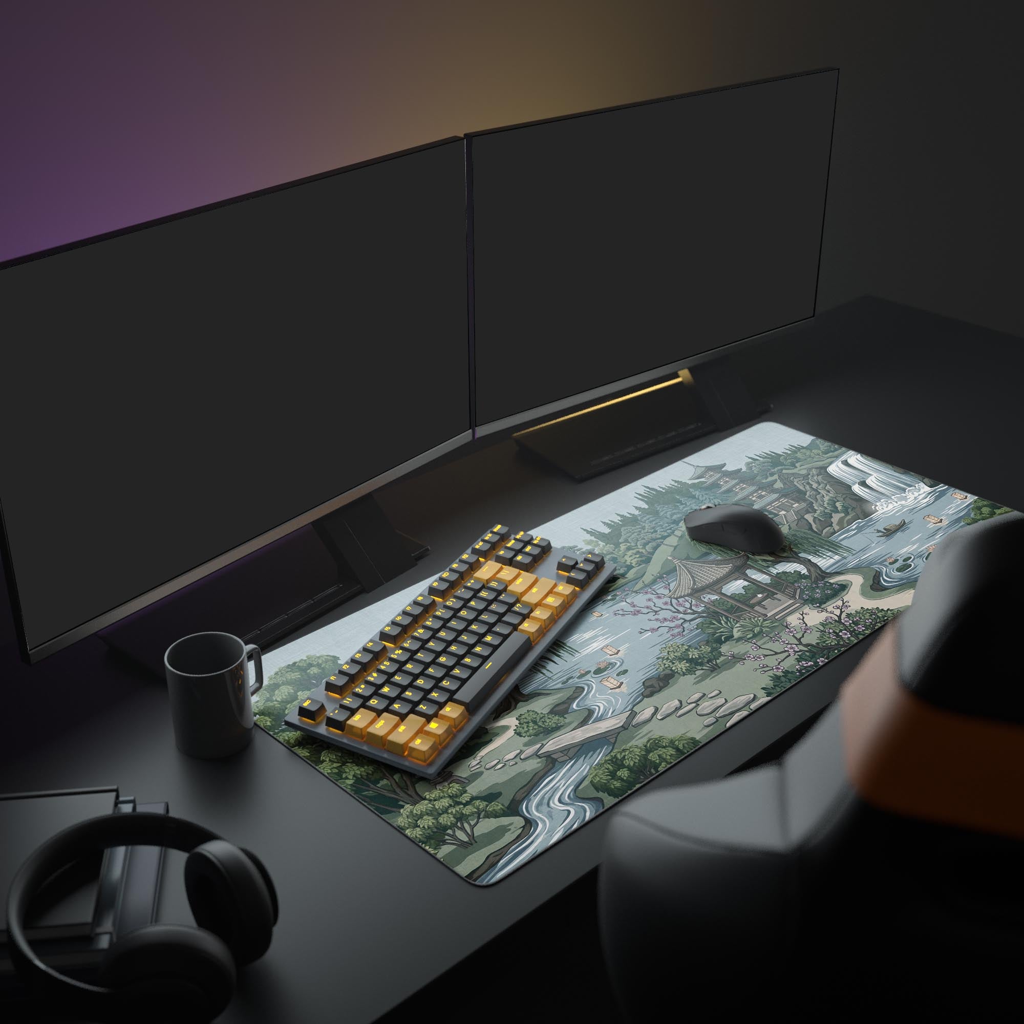 A full PC setup featuring the Zen Garden Escape desk mat, showcasing its large size under a monitor, keyboard, and mouse for a serene workspace aesthetic. - Epic Design Pads & Mousepads