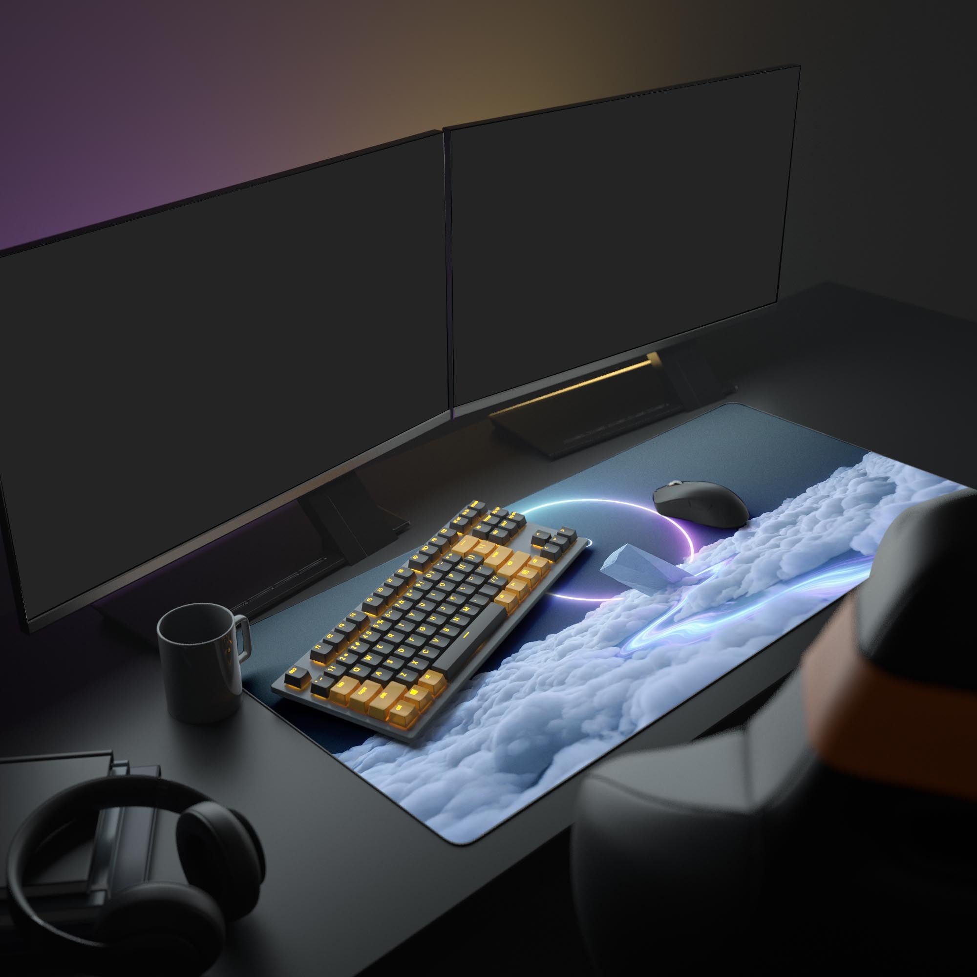 A clean, modern PC setup showcasing the Zenith Portal gaming mouse pad as the centerpiece, creating a calm and futuristic aesthetic for any workspace. - Epic Design Pads & Mousepads