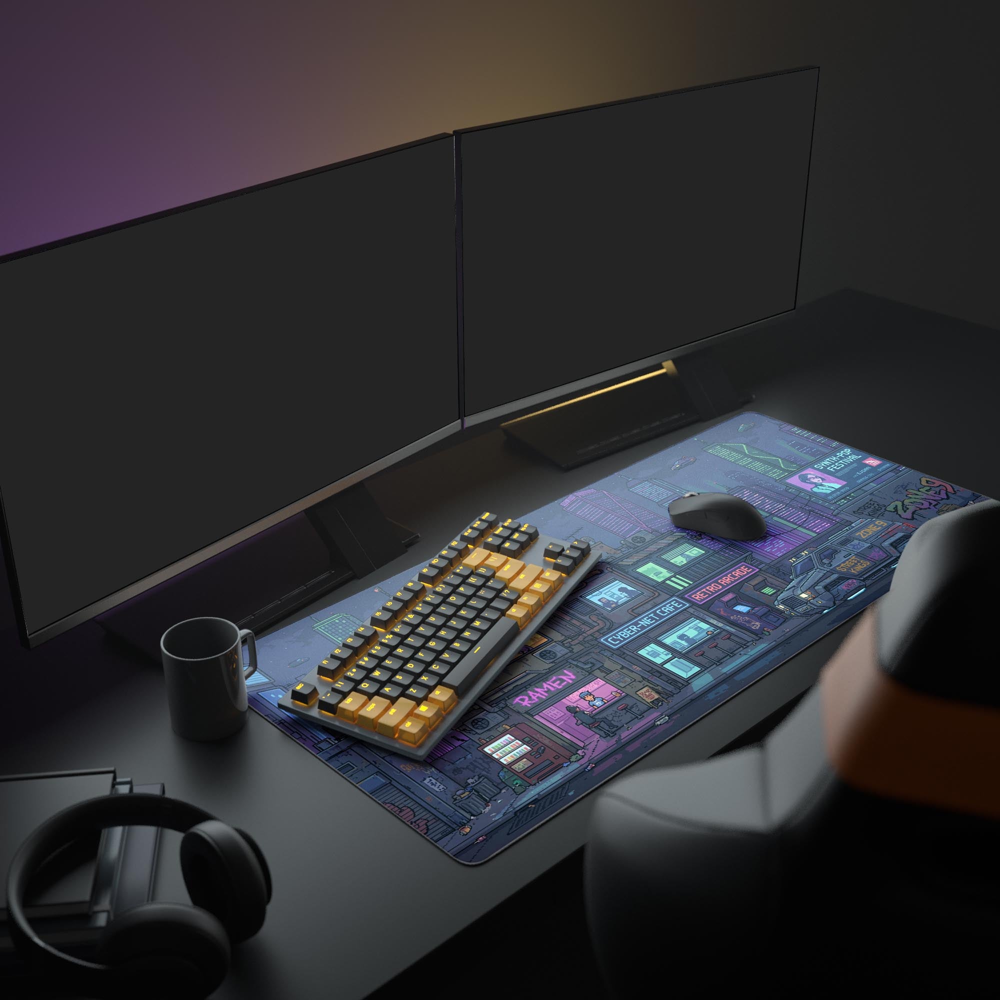 The Zone Nine mouse pad displayed in a full PC gaming setup, its vibrant neon pixel art complementing multiple monitors and an illuminated keyboard. - Epic Design Pads & Mousepads