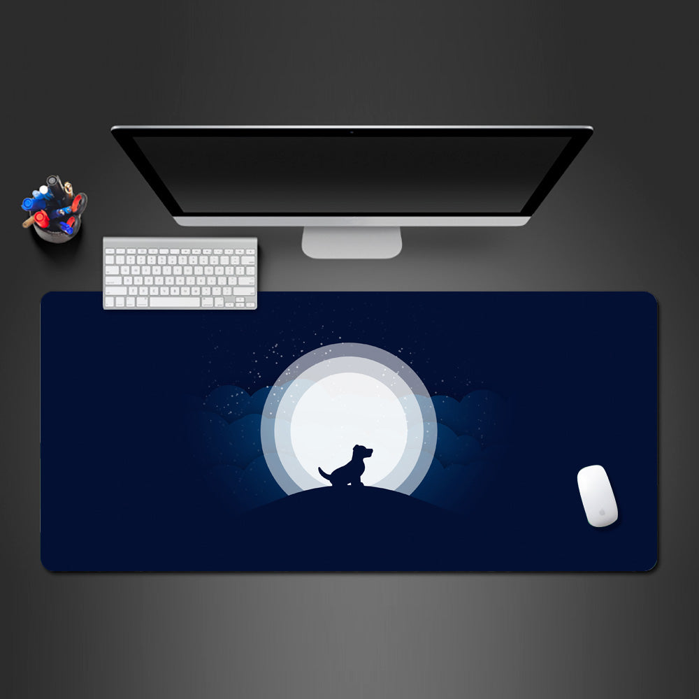 Dog minimal design desk mat, dog sitting on the hill moon large gaming desk pad, Cute dog minimalist gamg large mouse pad, Dog mouse pad