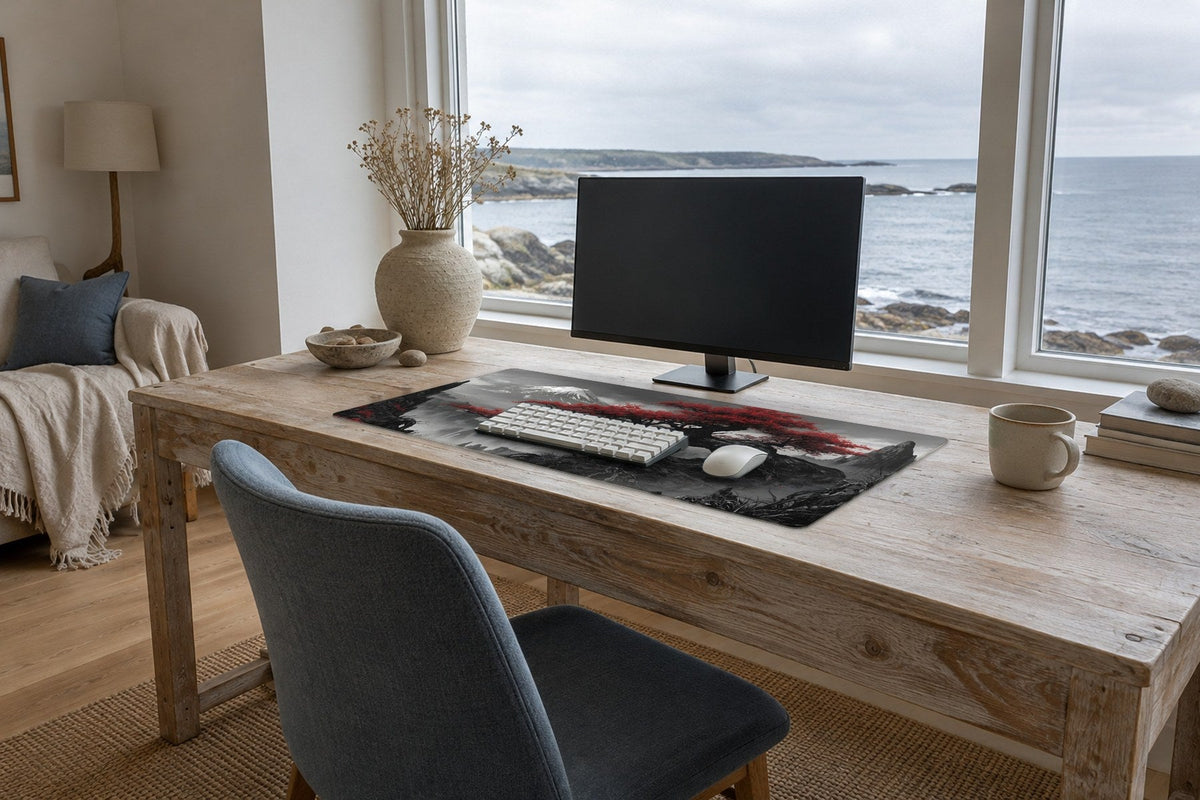 A driftwood desk by a window overlooking the sea, with a long desk mat showing a red and black ink wash mountain landscape under a keyboard and mouse.