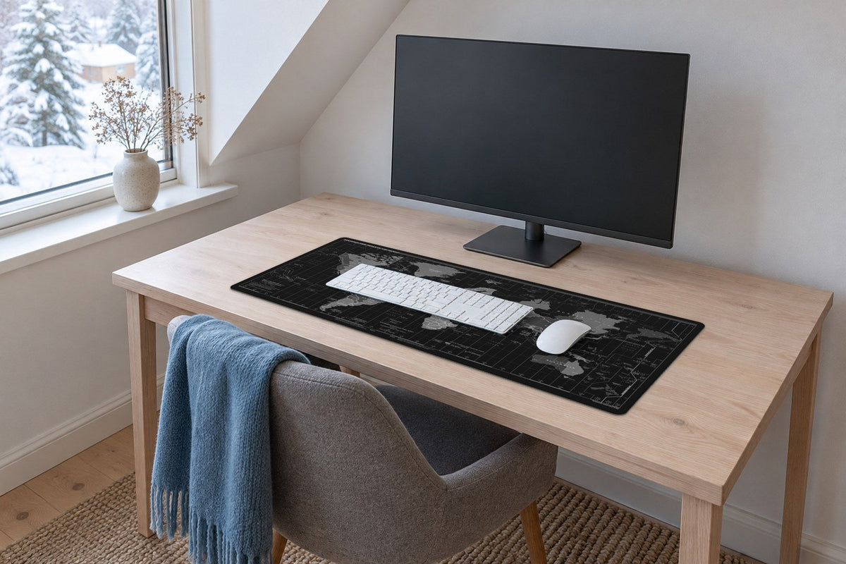 A bright attic study with snow outside the window. A large black-and-white world map desk mat covers most of a pale wooden desk, with a white keyboard and a mouse on it, a monitor behind them and a grey chair pushed in.