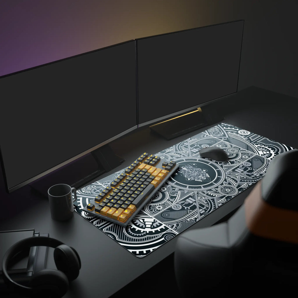 Mecha Samurai Desk Pad in a dark gaming setup with a mechanical keyboard, a mouse and headphones