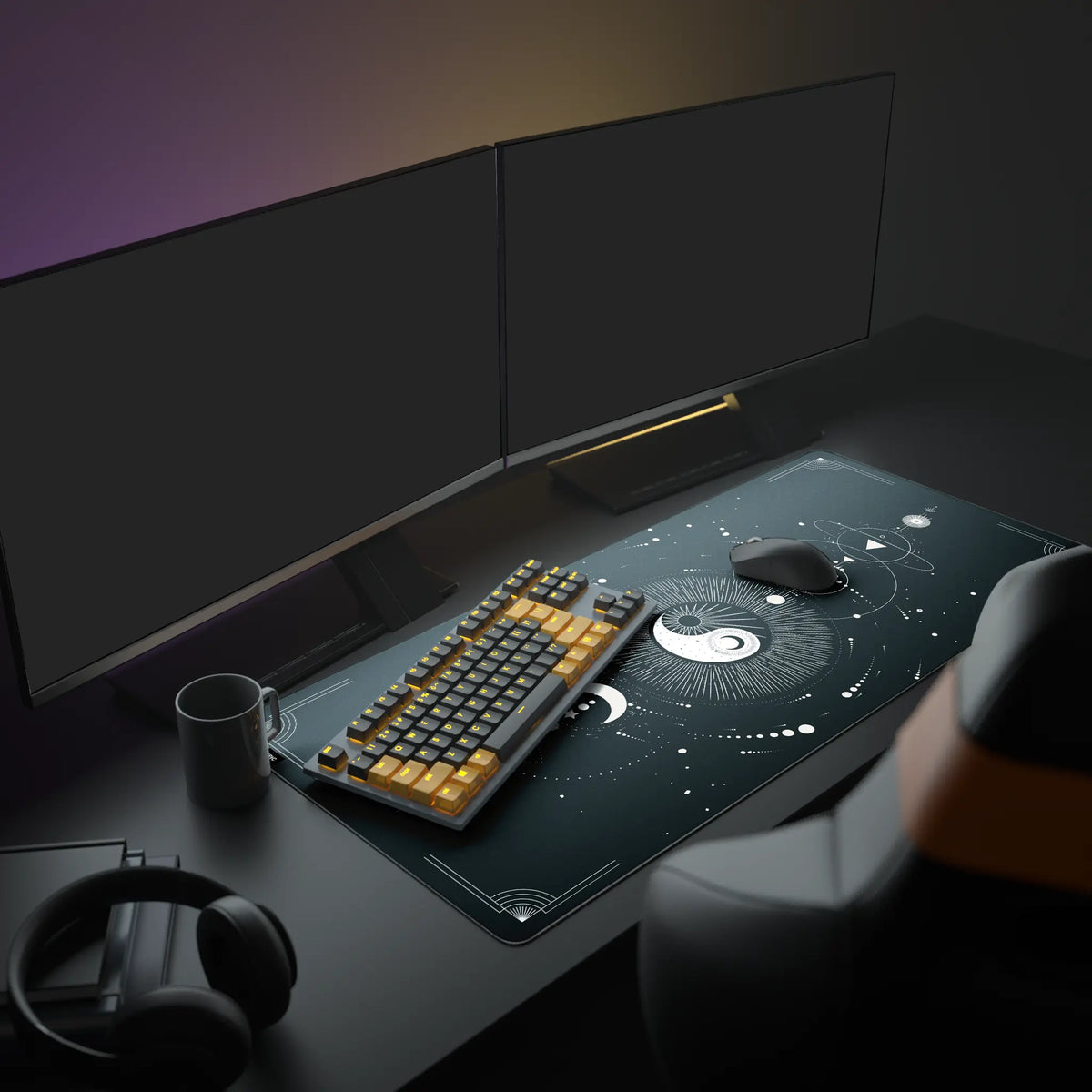 Black Yin Yang Desk Pad in a dark gaming setup with a mechanical keyboard, a mouse and headphones
