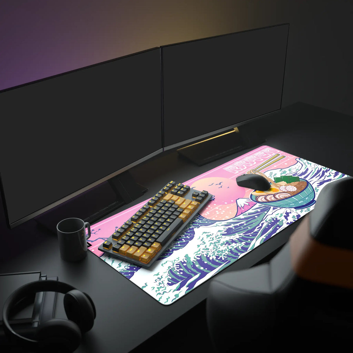 Ramen Great Wave Desk Pad in a dark gaming setup with a mechanical keyboard, a mouse and headphones