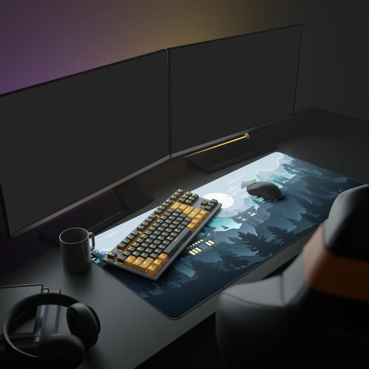 Winter Pagoda Desk Pad in a dark gaming setup with a mechanical keyboard, a mouse and headphones