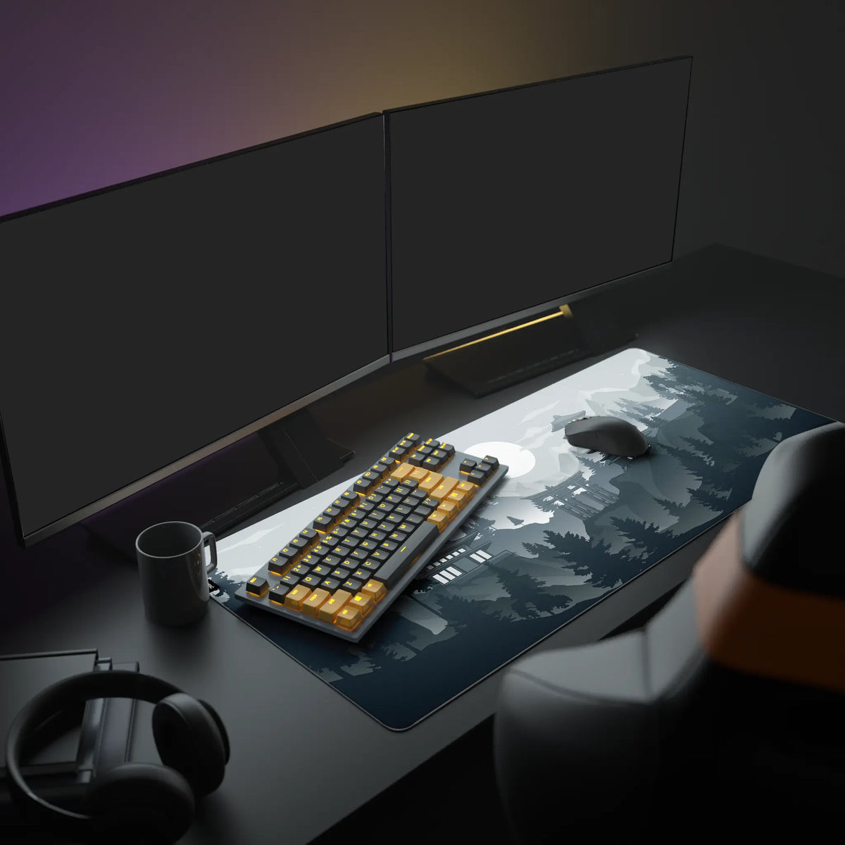 Midnight Pagoda Desk Pad in a dark gaming setup with a mechanical keyboard, a mouse and headphones