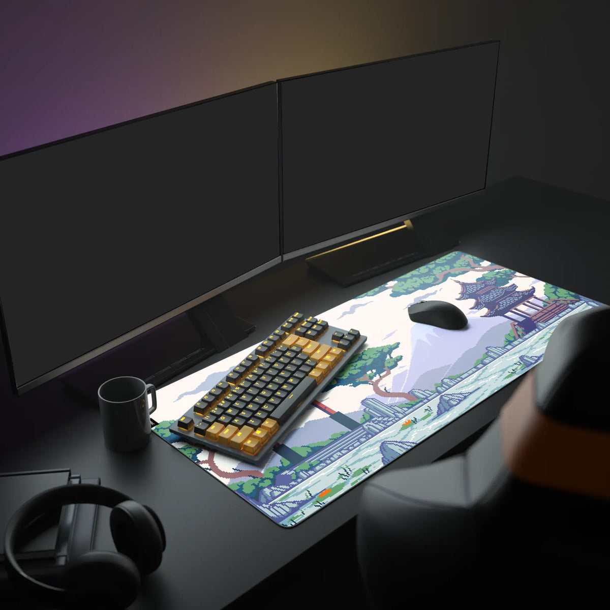 Tori Desk Pad in a dark gaming setup with a mechanical keyboard, a mouse and headphones