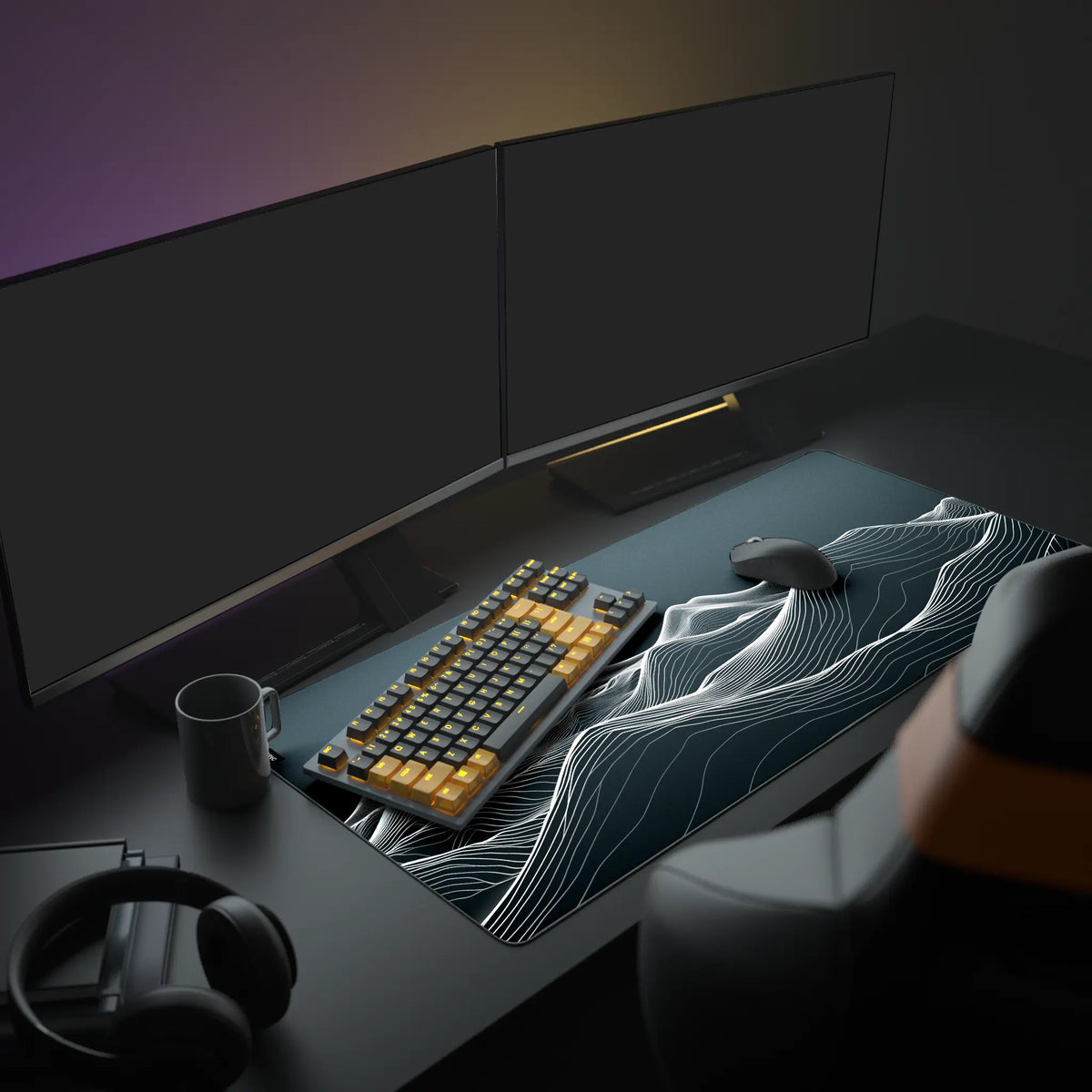Mounts Topo Desk Pad in a dark gaming setup with a mechanical keyboard, a mouse and headphones
